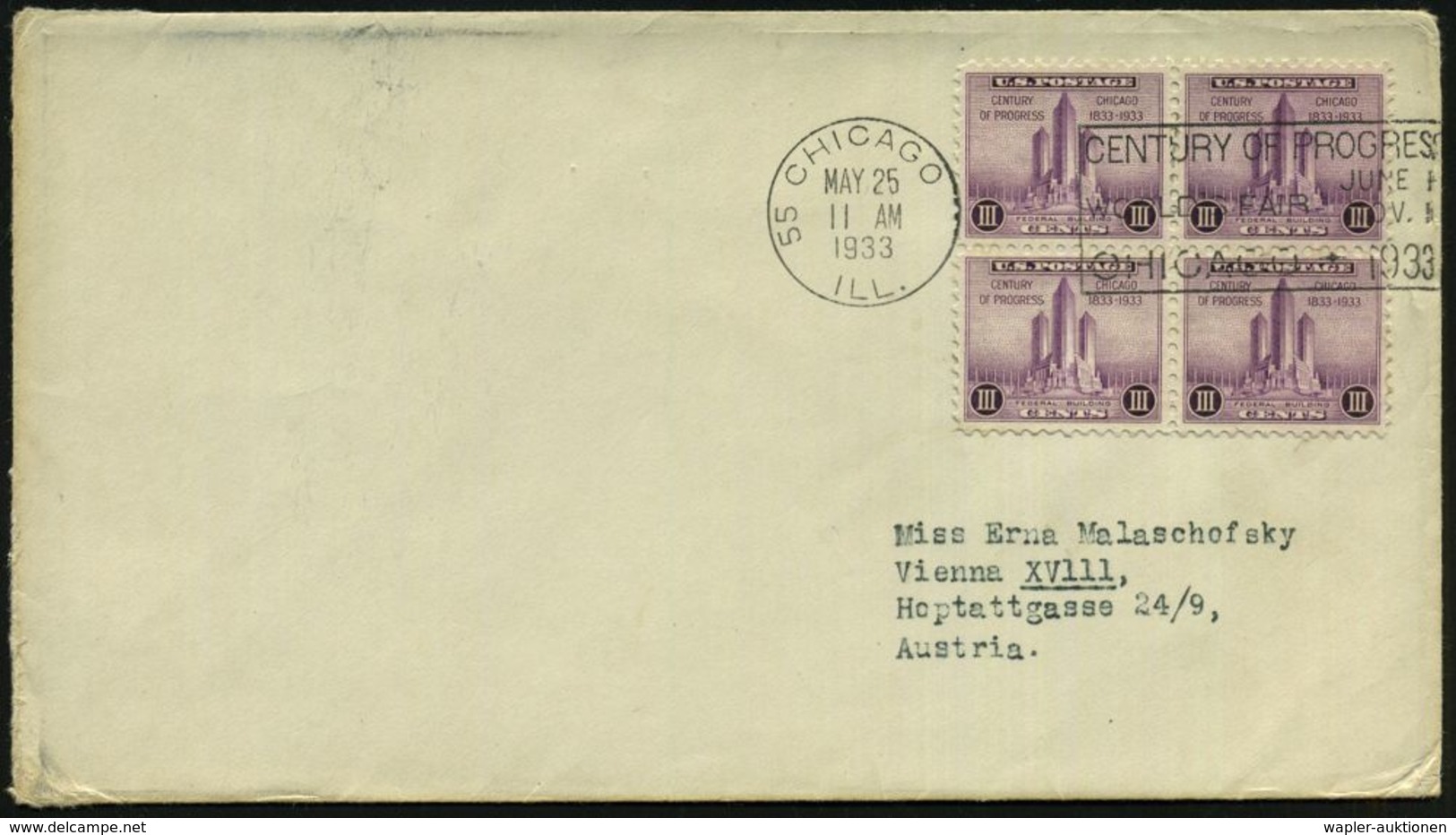 U.S.A. 1933 (25.5.) 3 C. "Expo Chicago", Reine MeF: 4er-Block + MaWSt.: 55 CHICAGO/ILL./CENTURY OF PROGRESS/WORLDS FAIR/ - Sonstige & Ohne Zuordnung