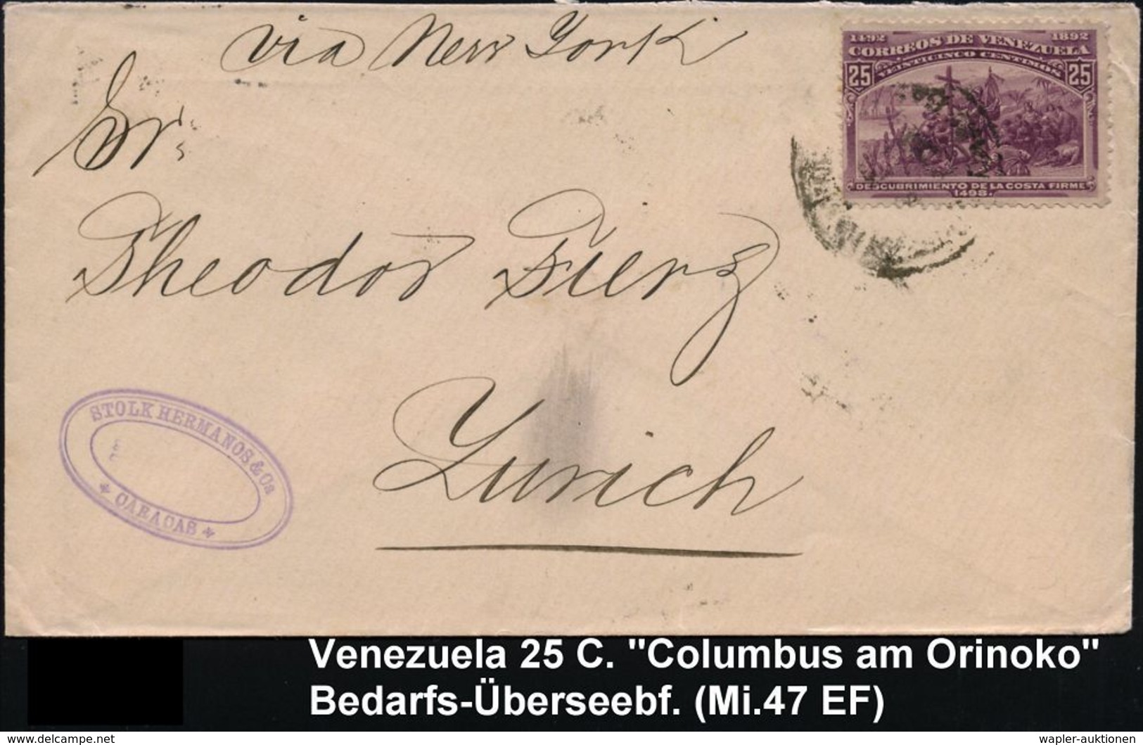 VENEZUELA 1896 (Febr.) 25 C. "Columbus Am Orinoko" (Columbian World-Expo)  EF , Bedarfs-Übersee-Bf. N. Zürich (rs. AS) ( - Sonstige & Ohne Zuordnung