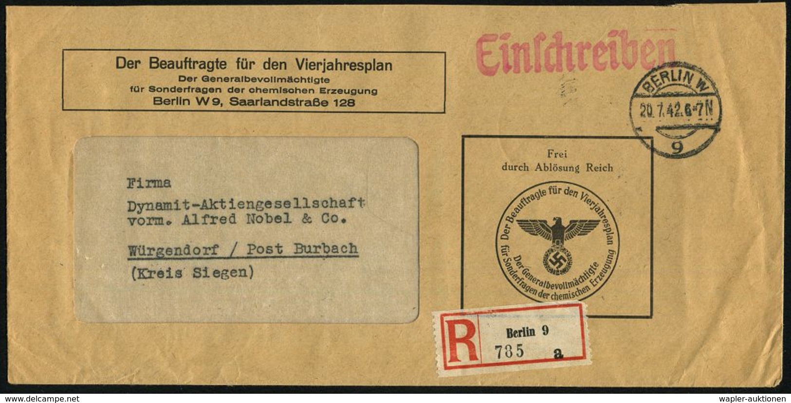 BERLIN W/ 9 1942 (20.7.) 1K-Brücke + RZ: Berlin 9, Vordr.-Bf.: FdAR/ Der Beauftragte Für Den Vierjahresplan/ Der General - Andere & Zonder Classificatie