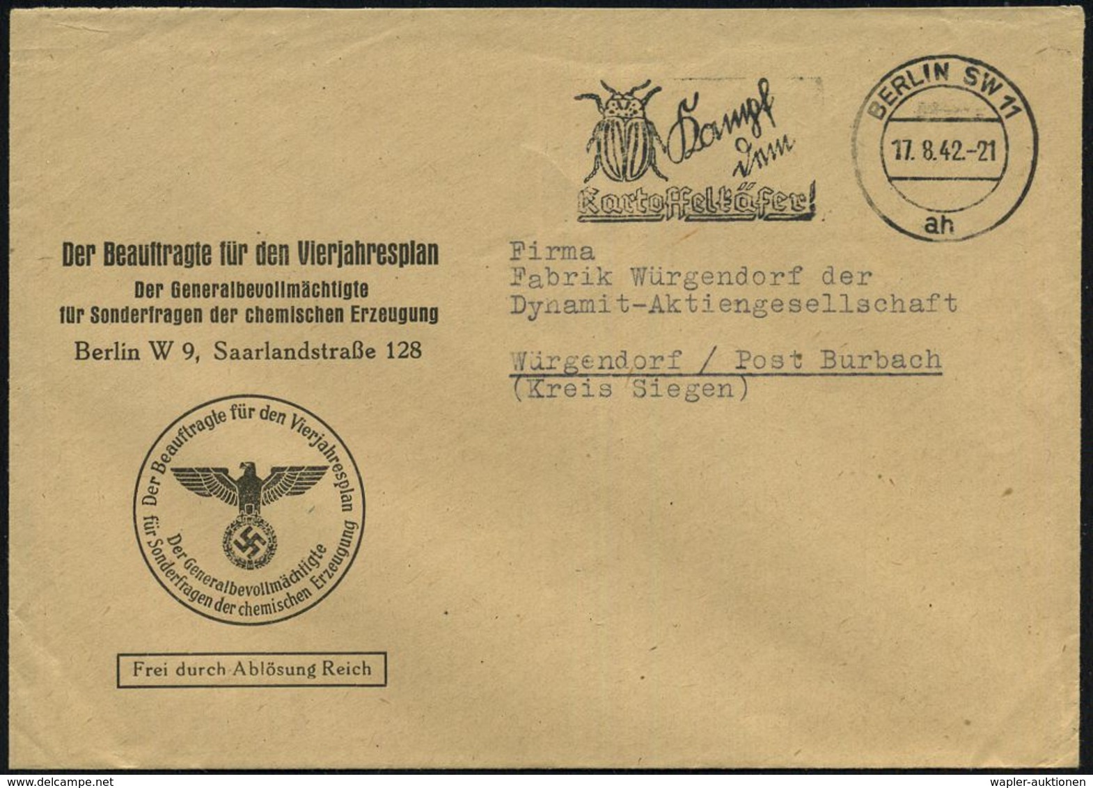 BERLIN SW 11 1942 (17.8.) MWSt.: BERLIN SW !!/ah/Kampf Dem Kartoffelkäfer! Auf Dienst-Bf.: Der Beauftragte Für Den Vierj - Andere & Zonder Classificatie