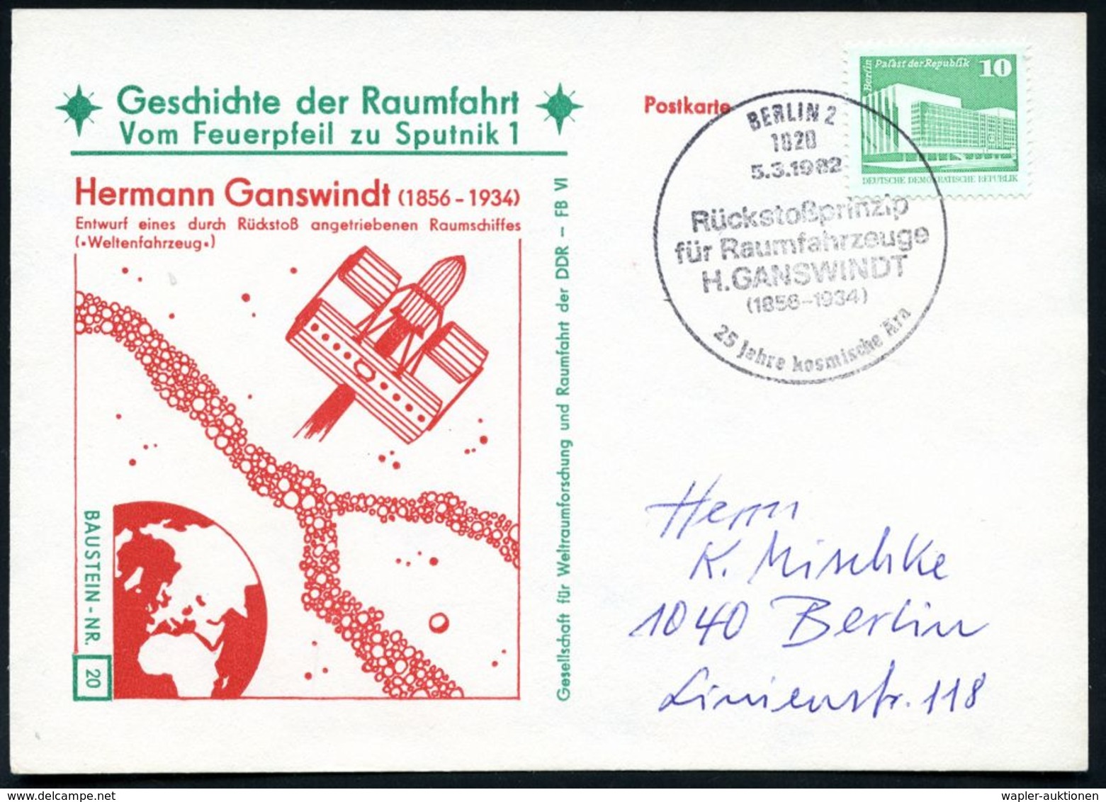 1020 BERLIN 2/ Rückstoßprinzip/ Für Raumfahrzeuge/ H.GANSWINDT/ (1856-1934) 1982 (5.3.) SSt Klar Auf Zweifarbiger Sonder - Altri & Non Classificati