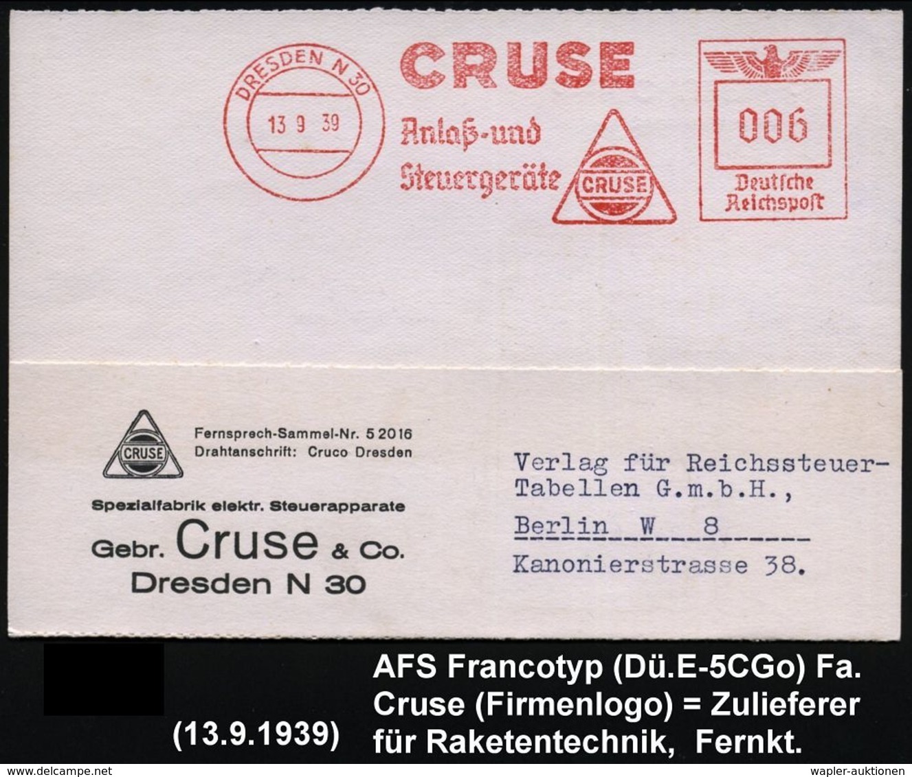 DRESDEN N 30/ CRUSE/ Anlaß-und/ Steuergeräte 1939 (13.9.) Seltener AFS (Firmenlogo) Motivgl. Firmenkt.: Spezialfabrik El - Sonstige & Ohne Zuordnung