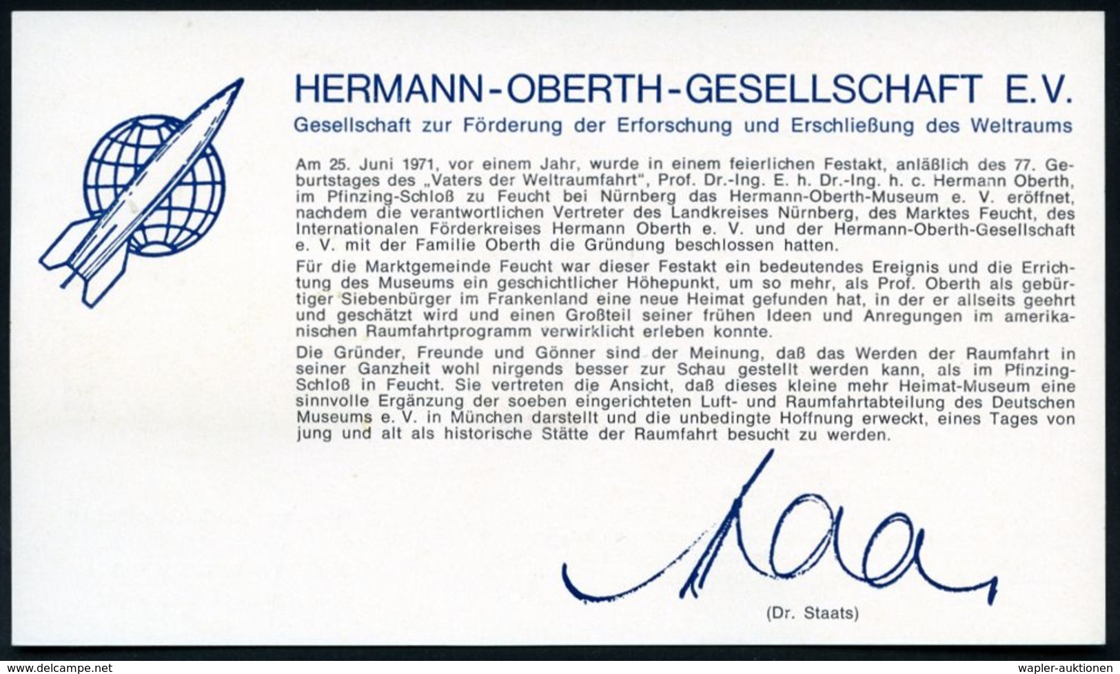 8501 FEUCHT 1/ INTERN.FÖRDERKREIS HERMANN OBERTH/ Die Rakete/ Zu D./ Planeten-/ Räumen 1972 (25.6.) SSt = Oberth-Buch Vo - Andere & Zonder Classificatie