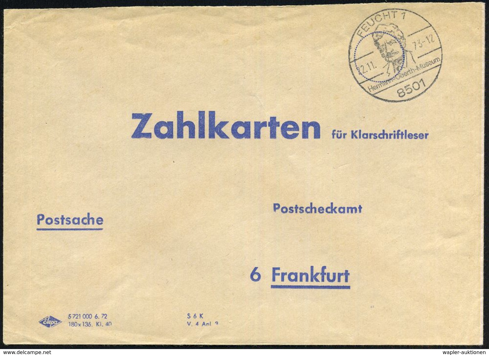8501 FEUCHT 1/ Hermann-Oberth-Museum 1981 (22.11.) HWSt = Raketen-Pionier Herm. Oberth (Kopfbild) Klar Auf Seltenem Post - Altri & Non Classificati