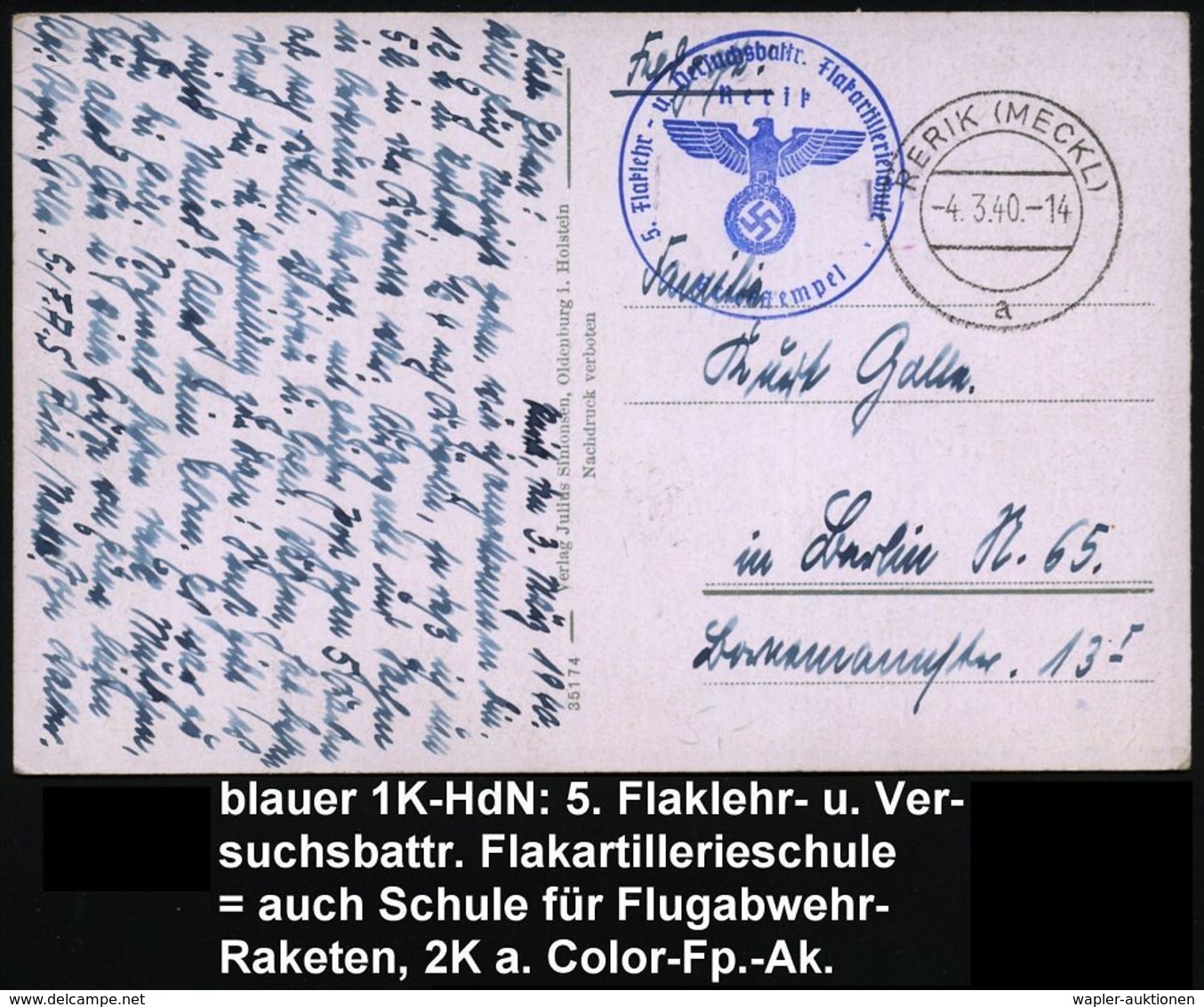 RERIK (MECKL)a 1940 (4.3.) 2K + Blauer 1K-HdN: 5. Flaklehr-  U.  V E R S U C H S B A T T R. - Flakartillerieschule / Rer - Sonstige & Ohne Zuordnung