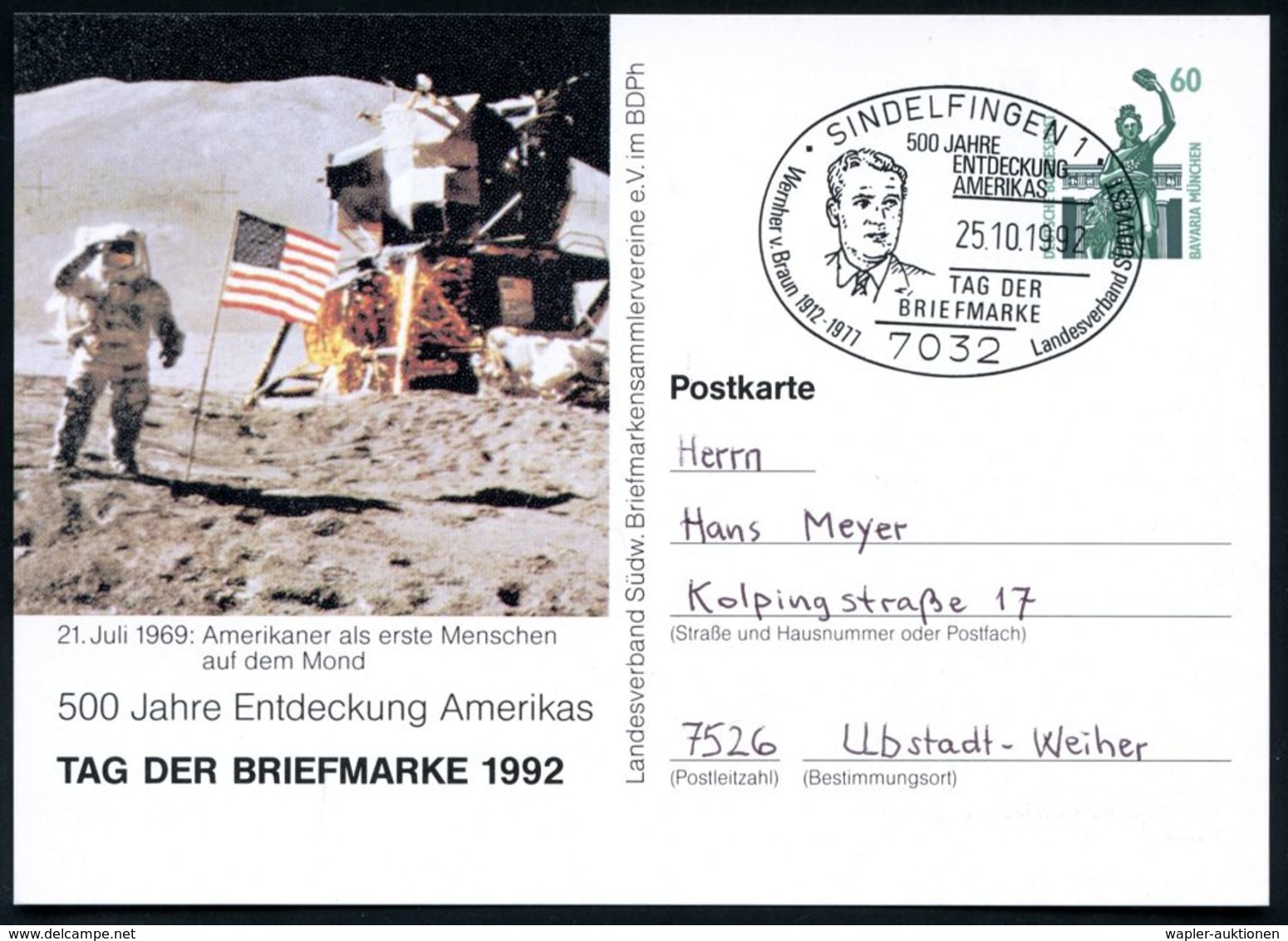 7032 SINDELFINGEN 1/ Wernher V.Braun 1912-1977../ TAG/ DER/ BRIEFMARKE 1992 (25.10.) SSt = Kopfbild Wernher V. Braun Auf - Altri & Non Classificati