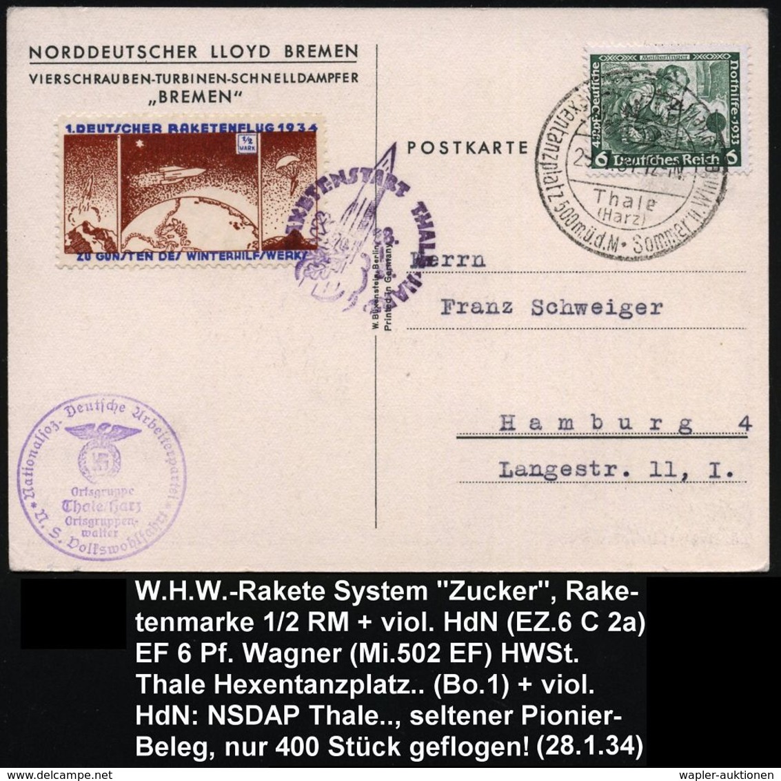 Thale/ (Harz)/ Hexentanzplatz.. 1934 (28.1.) HWSt Auf EF 6 Pf. Wagner (Mi.502 A) + Gez. Raketenmarke: 1/2 RM "1. DEUT-SC - Altri & Non Classificati