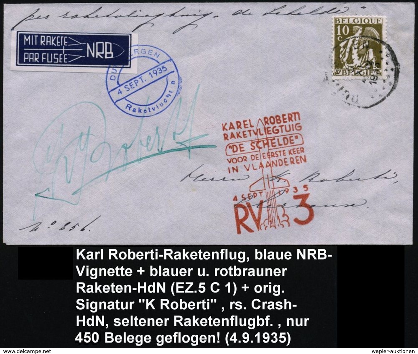 BELGIEN 1935 (4.9.) Roberti-Raketen-Flug "RV 3", 1K: DUINBERGEN + Bl.: Raketen-Label + Bl. 1K: DUINBERGEN/Raketenvlucht  - Sonstige & Ohne Zuordnung