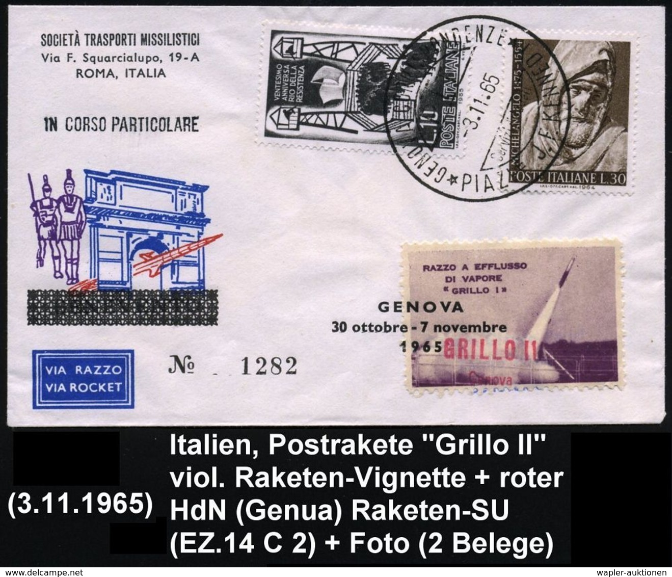 ITALIEN 1965 (3.11.) 1K: GENOVA../PIAZZA J.F.KENNEDY + Raketen-Vign. "BRILLO II" , Klar Gest. Minatur-Raketen-SU: VIA RA - Sonstige & Ohne Zuordnung