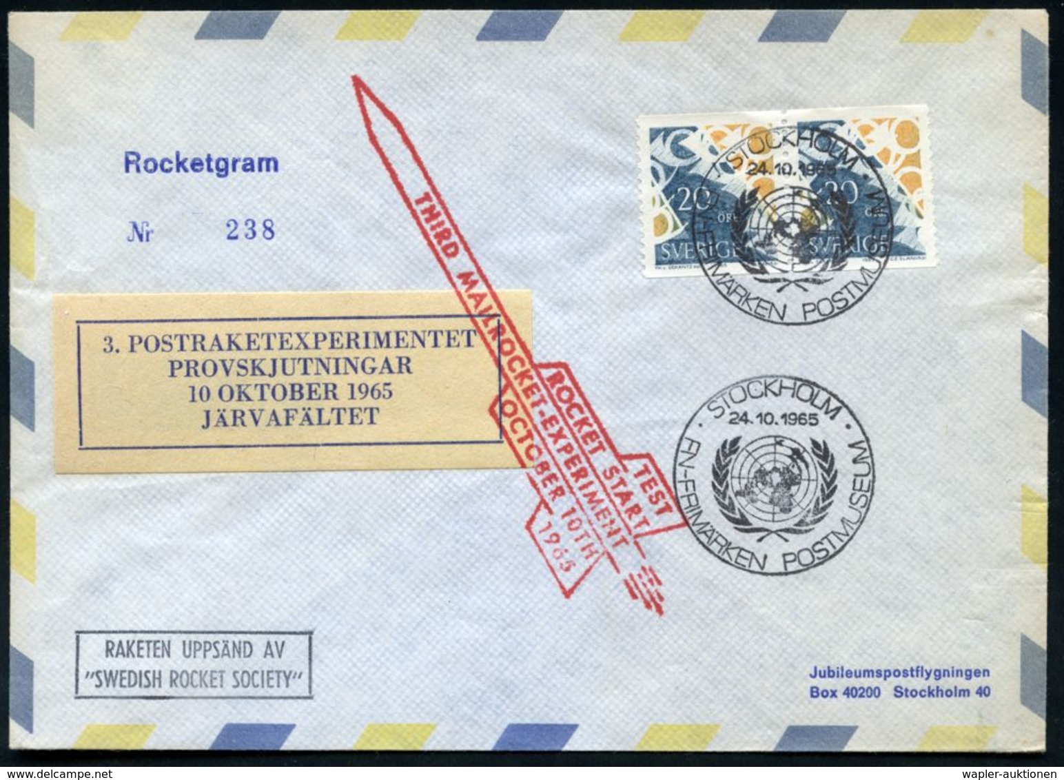 SCHWEDEN 1965 (24.10.) 3. Postraketen-Experiment, "Rocketgram" M.Vign.: JÄRVAFÄLTET + HdN + UNO-SSt: STOCKHOLM/ POSTMUSE - Sonstige & Ohne Zuordnung