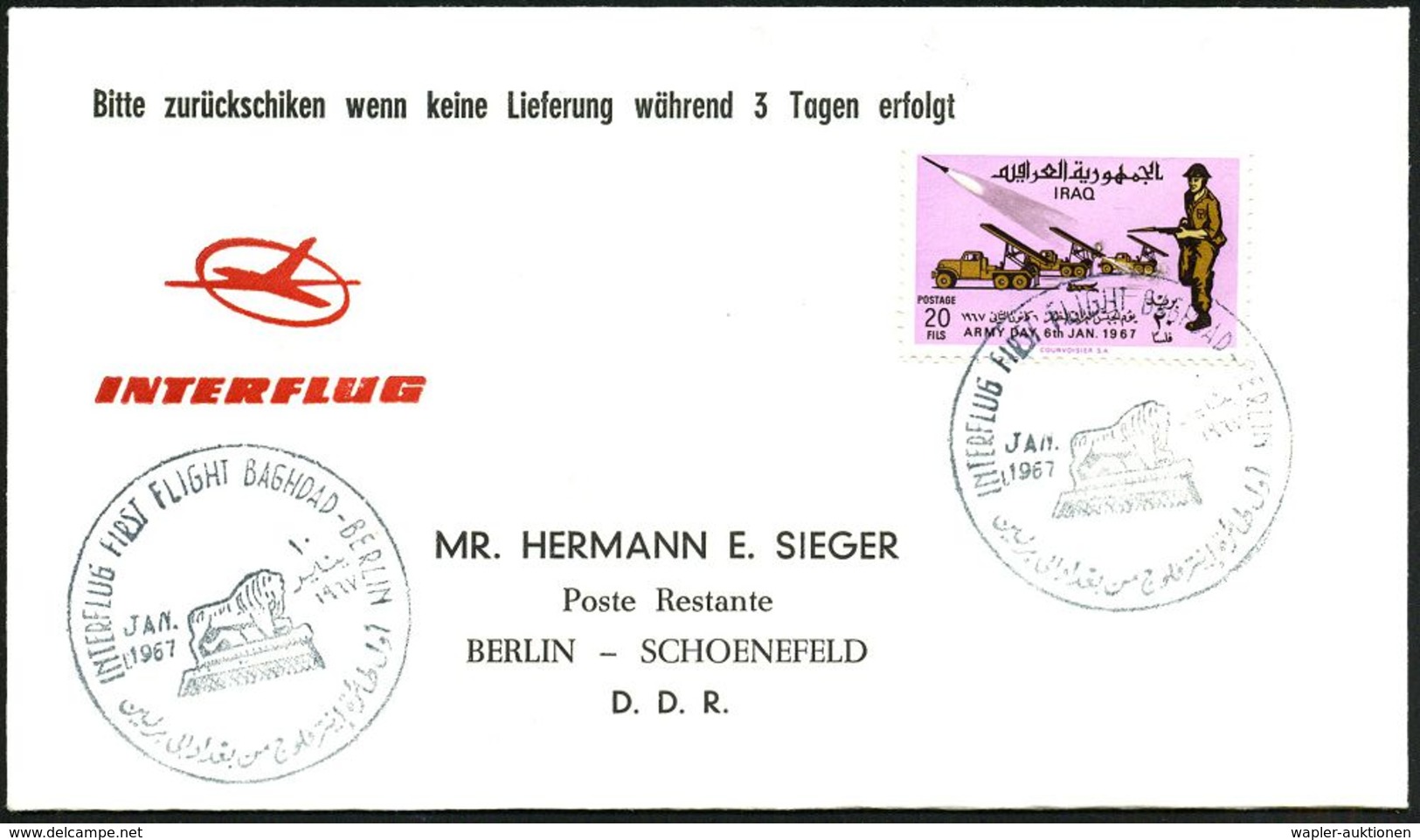 IRAK 1967 (1.1.) 20 F. "Army Day", EF = Raketenwerfer, Sowjet. Typ. "Katyusha" , Erstflug-SSt.: INTERFLUG FIRST FLIGHT B - Andere & Zonder Classificatie