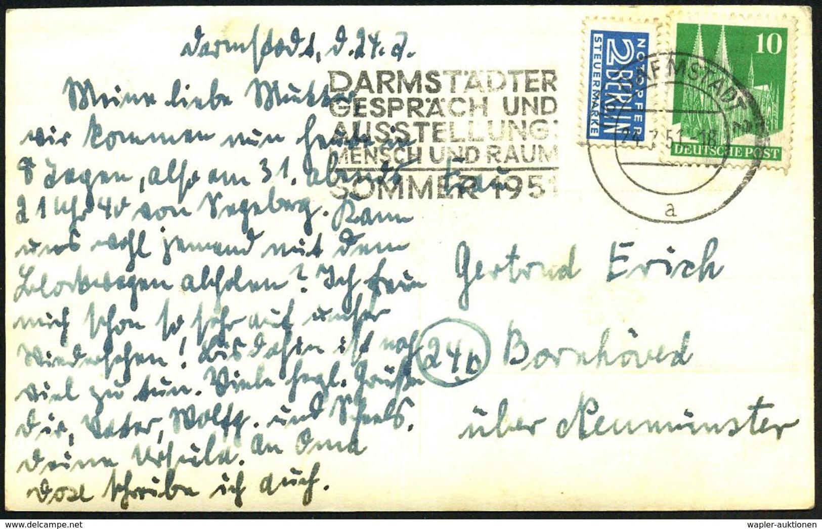 (16) DARMSTADT 2/ A/ DARMSTÄDTER/ GESPRÄCHE UND/ AUSSTELLUNG/ MENSCH U.RAUM.. 1951 (24.7.) Seltener MWSt Auf Individuell - Sonstige & Ohne Zuordnung