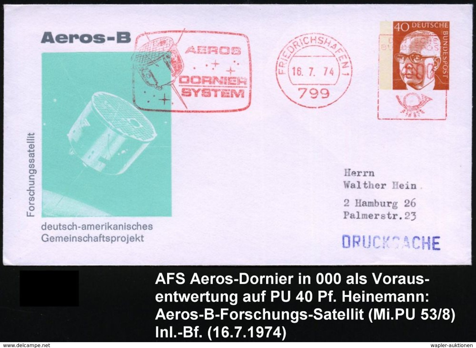 799 FRIEDRICHSHAFEN 1/ AEROS/ DORNIER/ SYSTEM 1974 (16.7.) AFS 000 Als Vorausentwertung Auf PU 40 Pf. Heinemann: Aeros-B - Andere & Zonder Classificatie