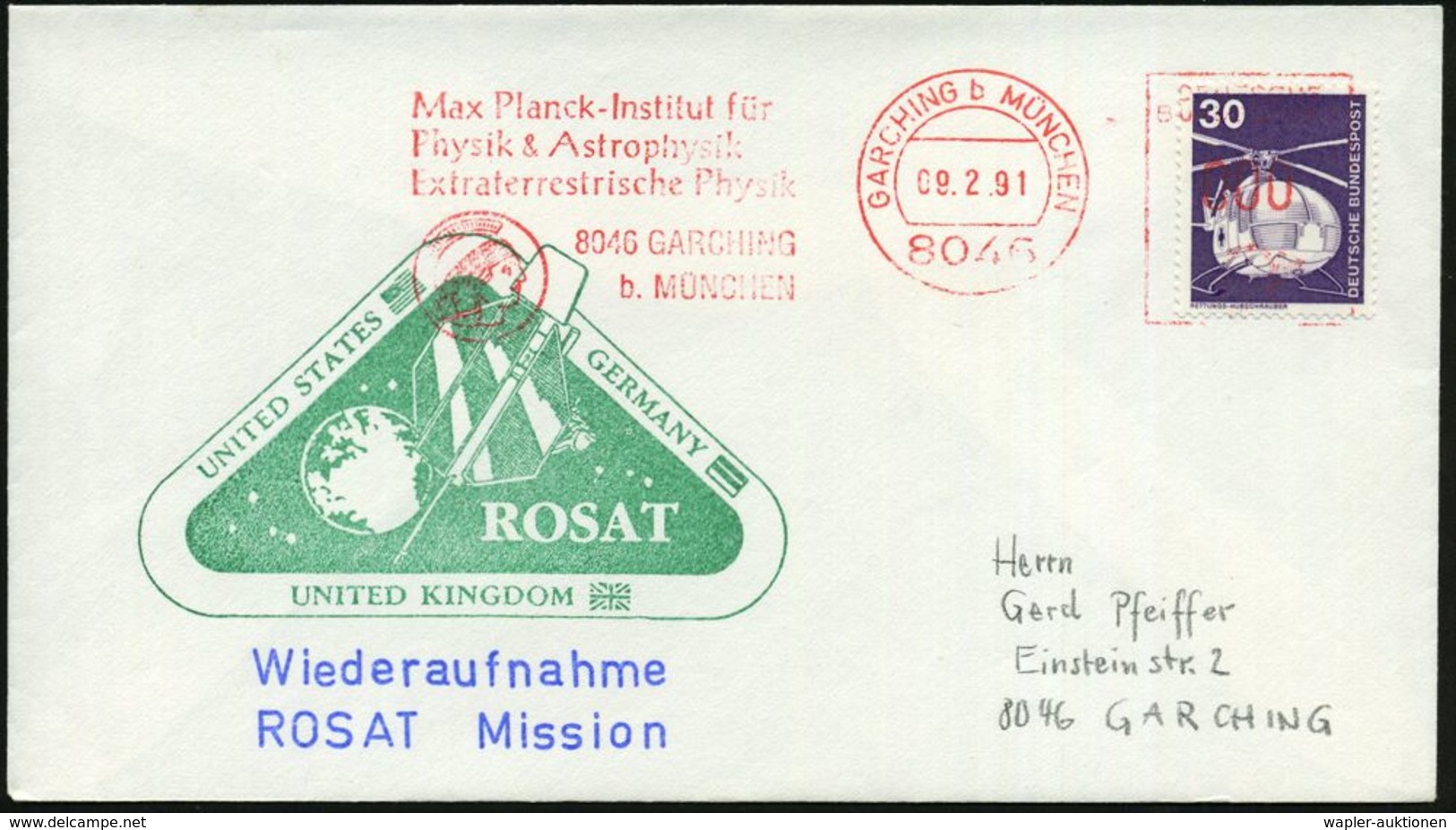 8046 GARCHING B MÜNCHEN/ Max Planck-Institut Für../ Extraterrestrischer Physik.. 1991 (9.2.) AFS In 000 (= Kopf Der Pall - Andere & Zonder Classificatie