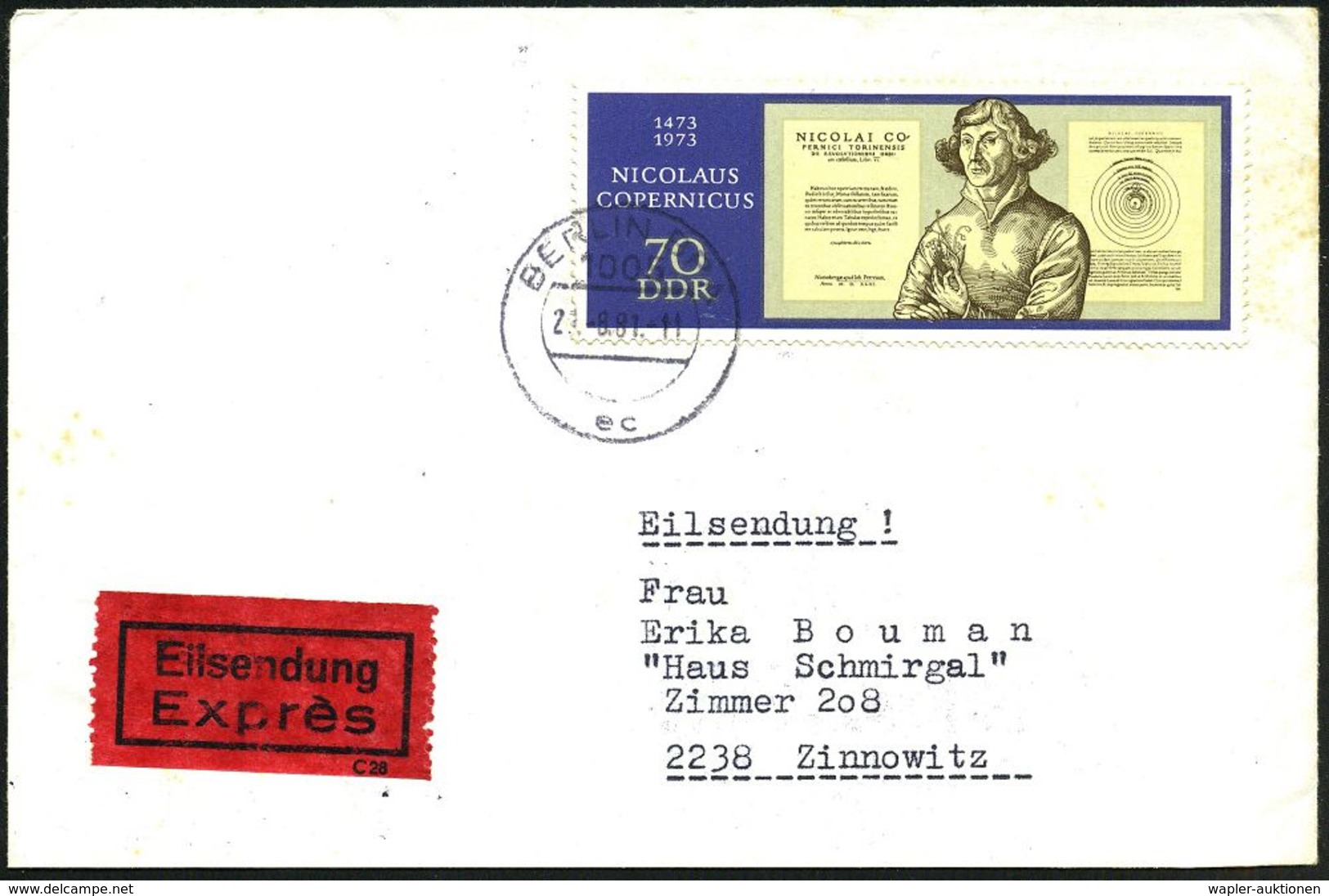 D.D.R. 1981 70 Pf. "500. Geburtstag Nikolaus Copernicus", EF = Kopernikus Mit Planetenbahnen , Klar Gest. (1005 BERLIN B - Autres & Non Classés