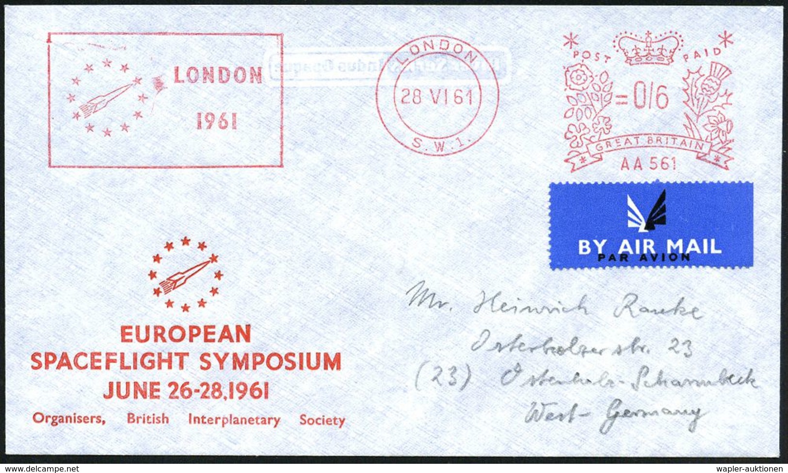 GROSSBRITANNIEN 1961 (28.6.) AFS: LONDON/S.W.1/AA561/LONDON/1961 (Rakete) Auf Ausl.-Flp.-SU.: European Spaceflight Sympo - Autres & Non Classés