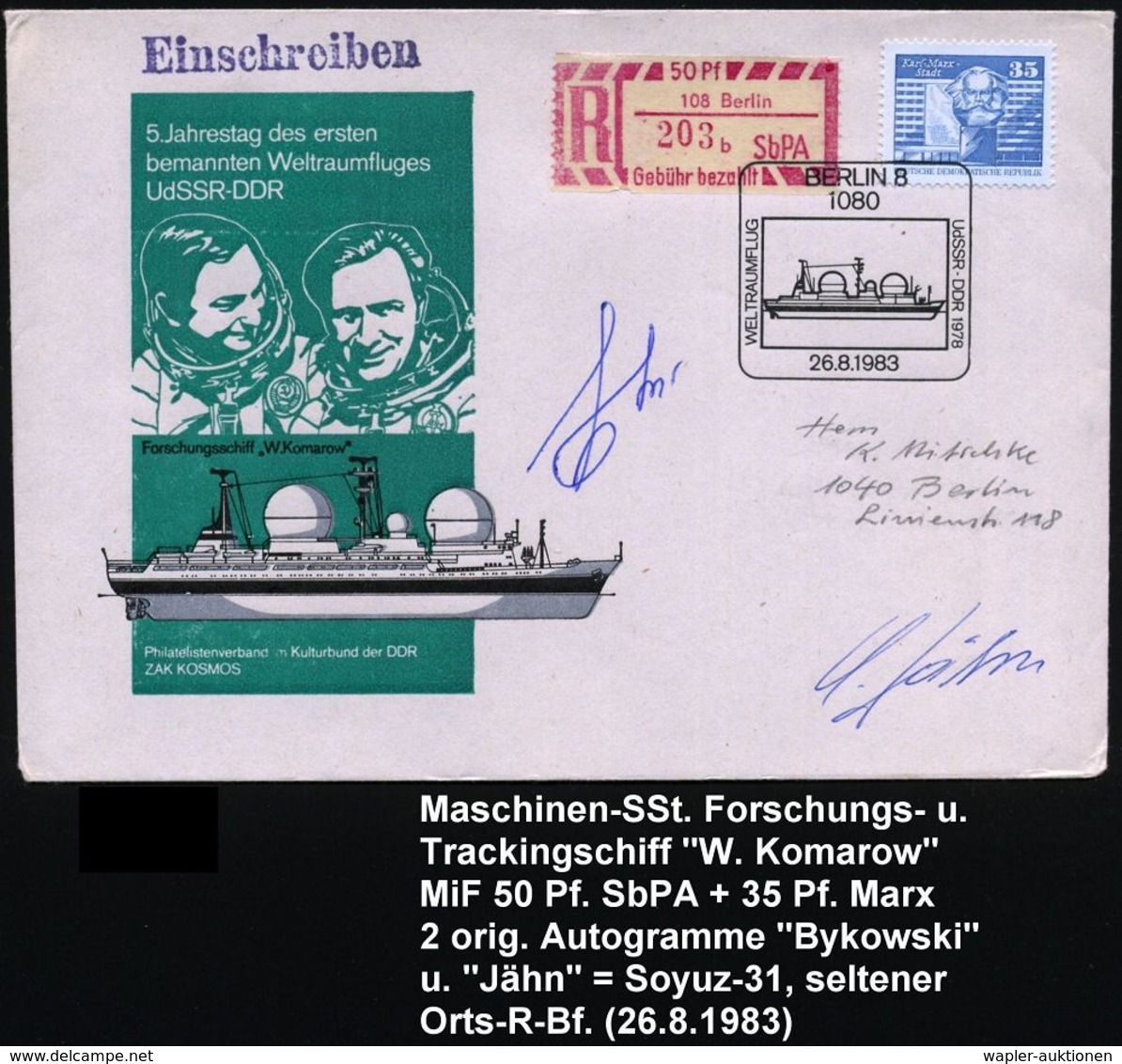 1080 BERLIN 8/ WELTRAUMFLUG/ UdSSR-DDR 1983 (26.8.) Maschinen-SSt = Sowjet. Forschungs- U. Tracking-Schiff "W. Komarow"  - UdSSR