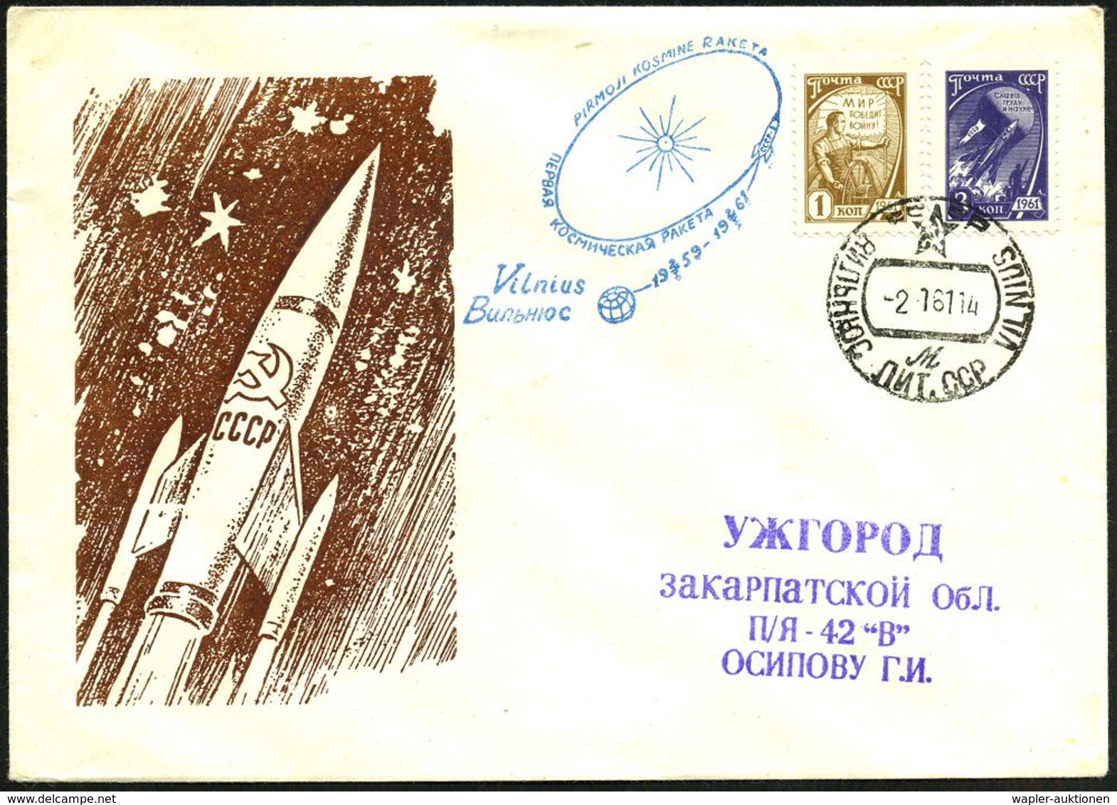 UdSSR 1961 (2.1.) 1K: VILNIUS + Bl. HdN: 2.JAHR "LUNA-1" (Sonne, Erde, Rakete) Klar Gest. Inl.-Bf. (Pf.06) - - UdSSR