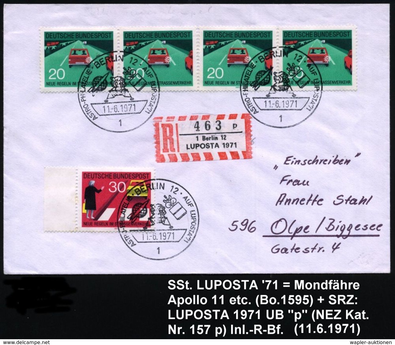 1 BERLIN 12/ ASTRO-PHILATELIE/ ..LUPOSTA'71 1971 (11.6.) SSt = Mondfähre "Apollo 11" (u. Satellit, Rakete) + Sonder-RZ:  - United States