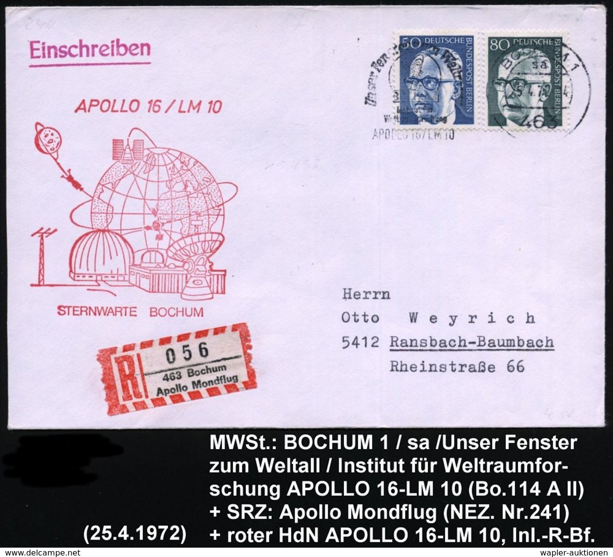 463 BOCHUM 1/ Sa/ Unser Fenster Zum Weltall/ Institut Für/ Weltraumforschung/ APOLLO 16-LM10 1972 (5.4.) MWSt = Radio-Te - Etats-Unis