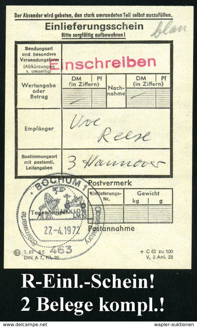 463 BOCHUM 1/ APOLLO 16/ LM10/ Sternwarte/ Observatory 1972 (Apr.) SSt = Mond-Auto, Radio-Teleskop + Motiv-ähnl.HdN + So - Verenigde Staten