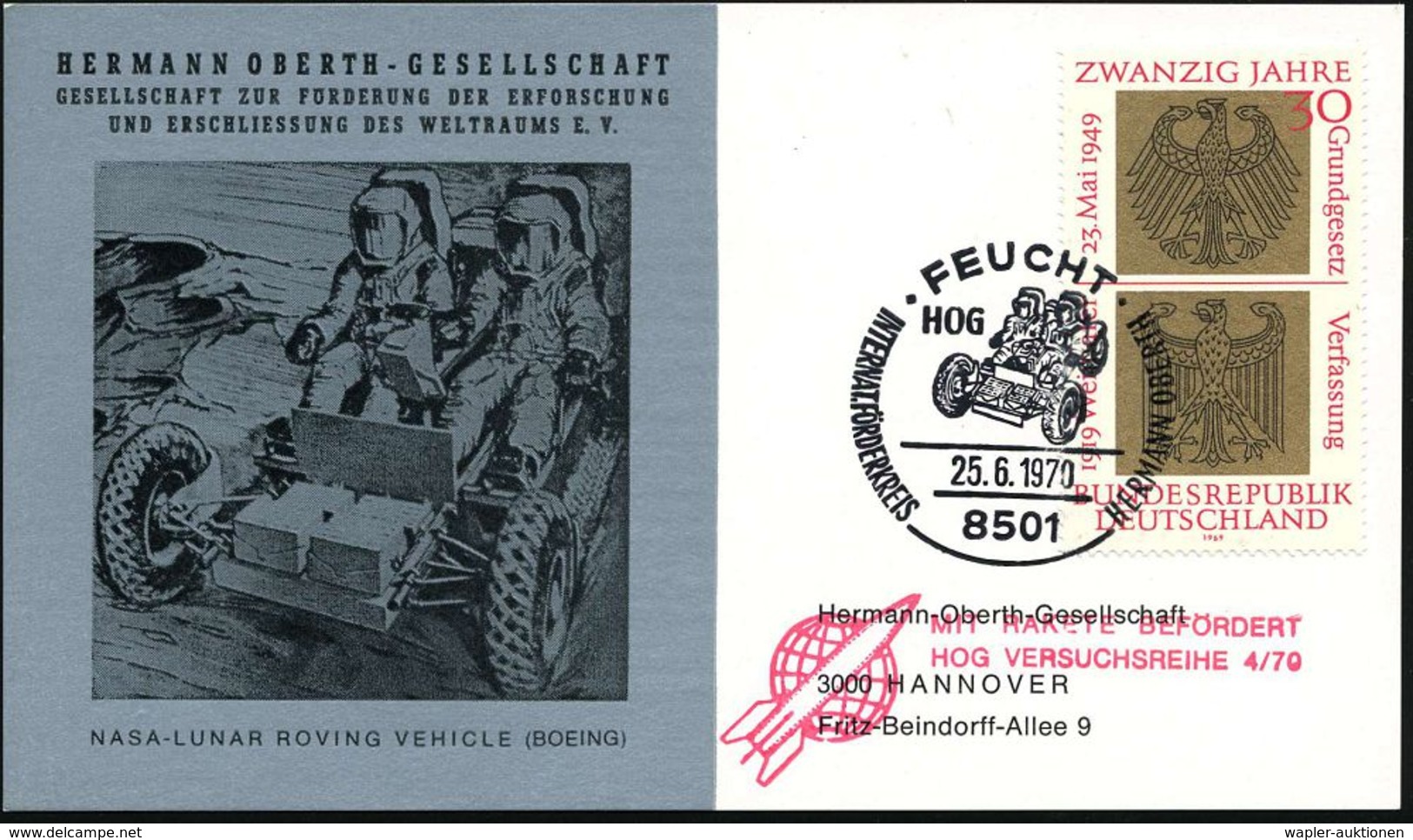 8501 FEUCHT/ INT.FÖRDERKREIS HERM.OBERTH 1970 (25.6.) SSt = NASA-Mond-Auto "LRV" ( = Lunar Roving Vehicle Von Boeing) +  - United States