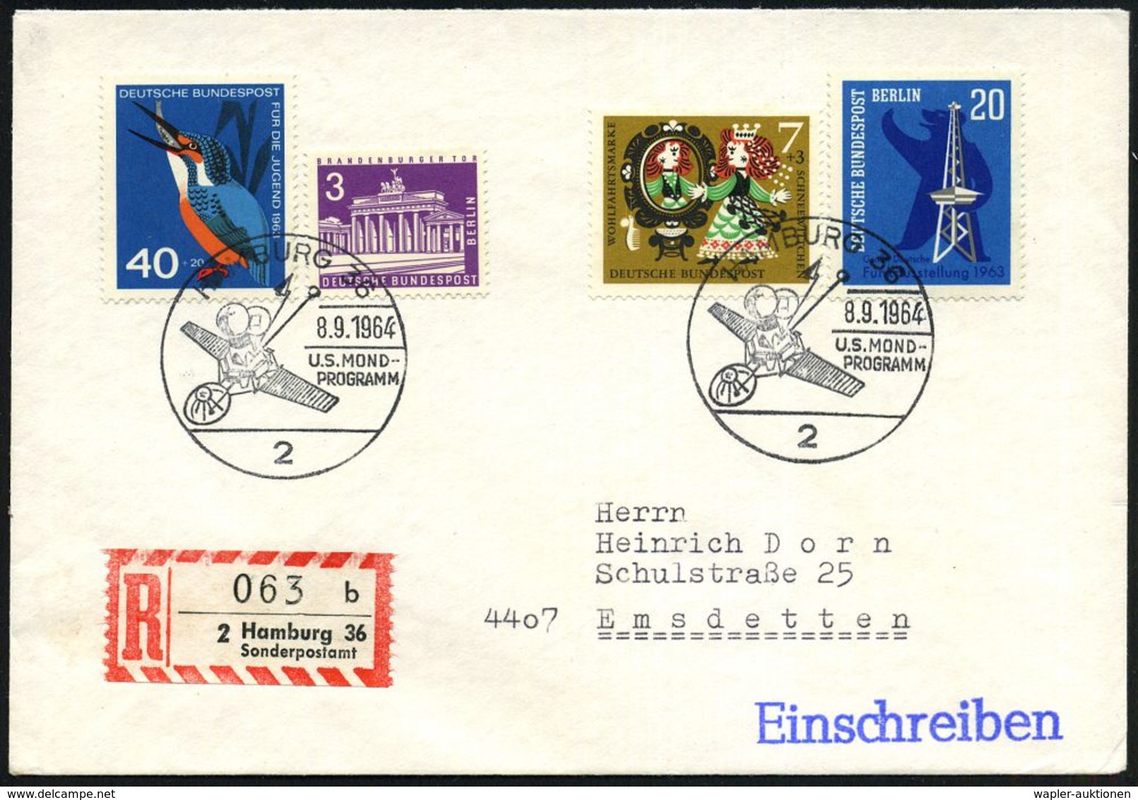 2 HAMBURG 36/ U.S.MOND-/ PROGRAMM 1964 (8.9.) SSt (= US Lunar-Raumschiff) + Sonder-RZ: 2 Hamburg 36/b/ S O N D E R -  P  - Verenigde Staten