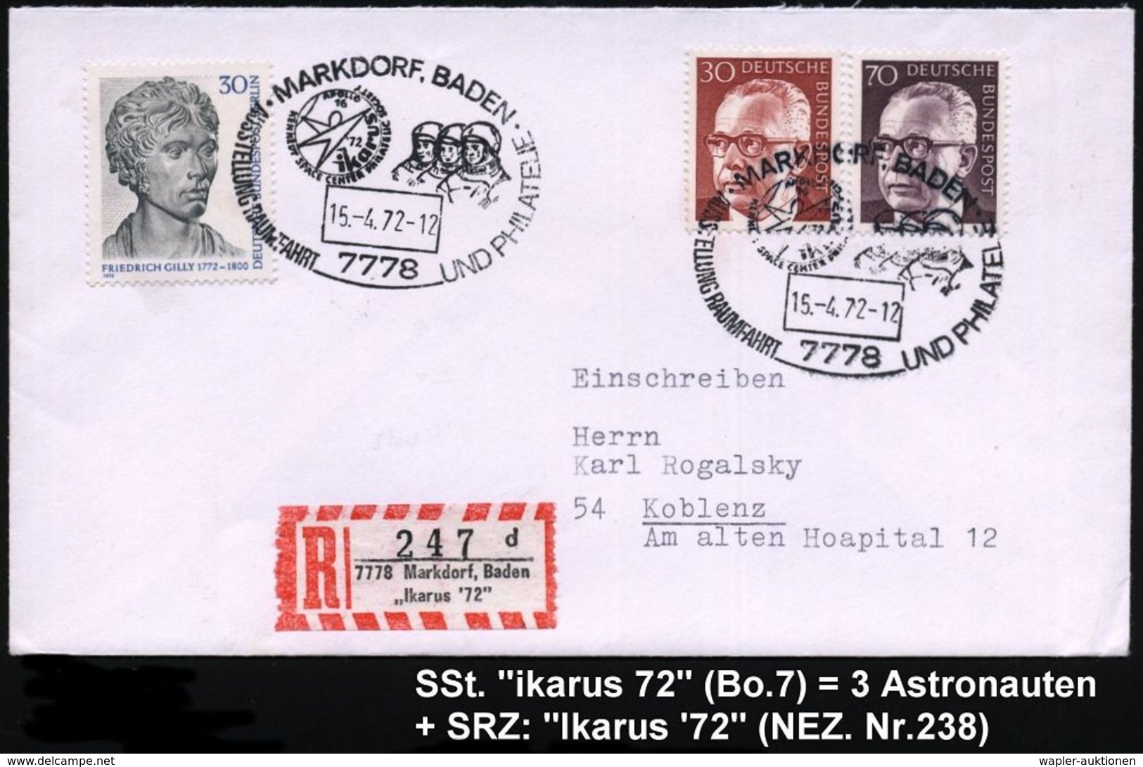 7778 MARKDORF,BADEN/ Ikarus/ '72/ APOLLO/ 16/ AUSST.RAUMFAHRT U.PHILATELIE 1972 (15.4.) SSt = 3 US-Astronauten "Apollo 1 - USA