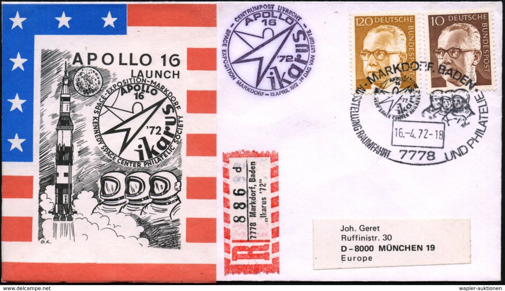 7778 MARKDORF,BADEN/ AUSSTELLUNG RAUMFAHRT/ Ikarus 72.. 1972 (16.4.) SSt = 3 Apollo-Astronauten + Viol. HdN: "ikarus '72 - USA