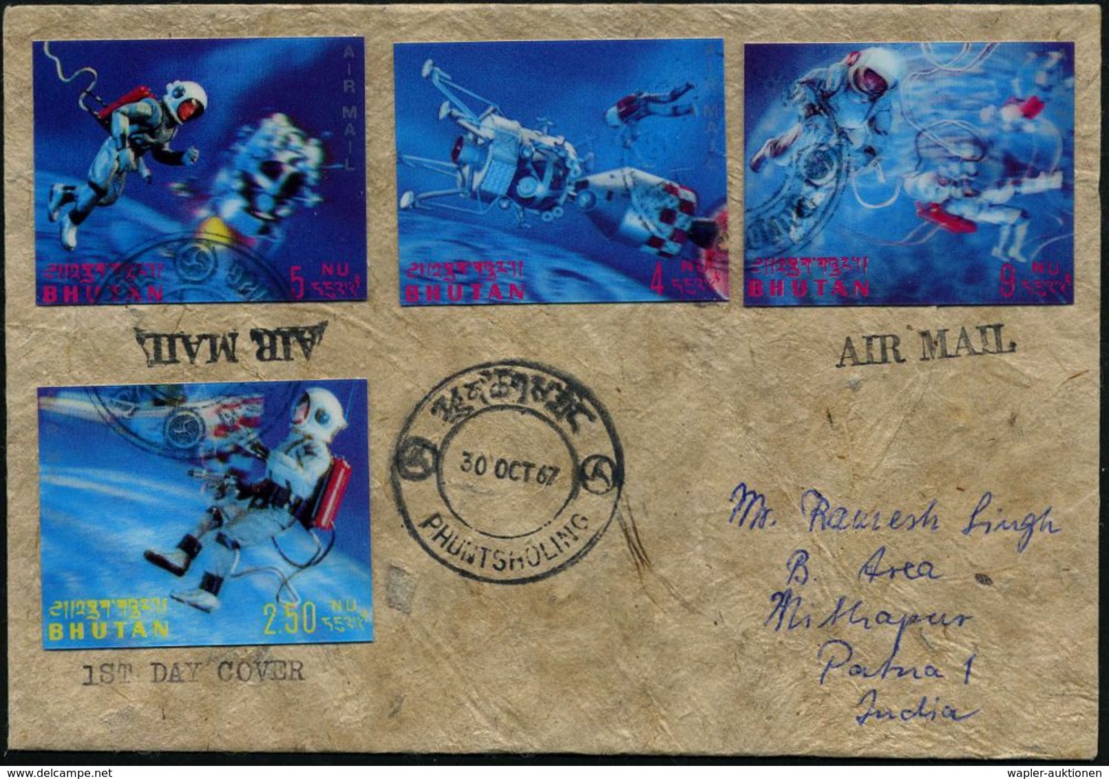 BHUTAN 1967 (30.10.) 3-D-Marken "US-Raumfahrt", Flugpost-Kurzsatz (Menschen Im Raum) Bedarfs- Übersee-Flp.-FDC, Sehr Sel - Stati Uniti