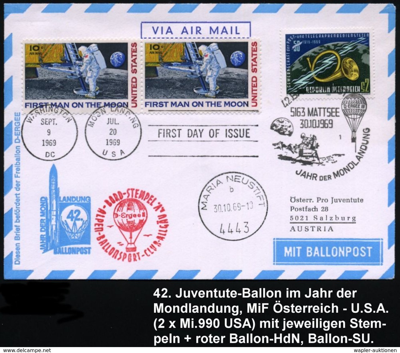 ÖSTERREICH /  U.S.A. 1969 (Okt.) 42. Ballon-SU "Jahr Der Mondlandung", MiF Österreich - USA "Apollo" , österr, Ballon-SS - Verenigde Staten