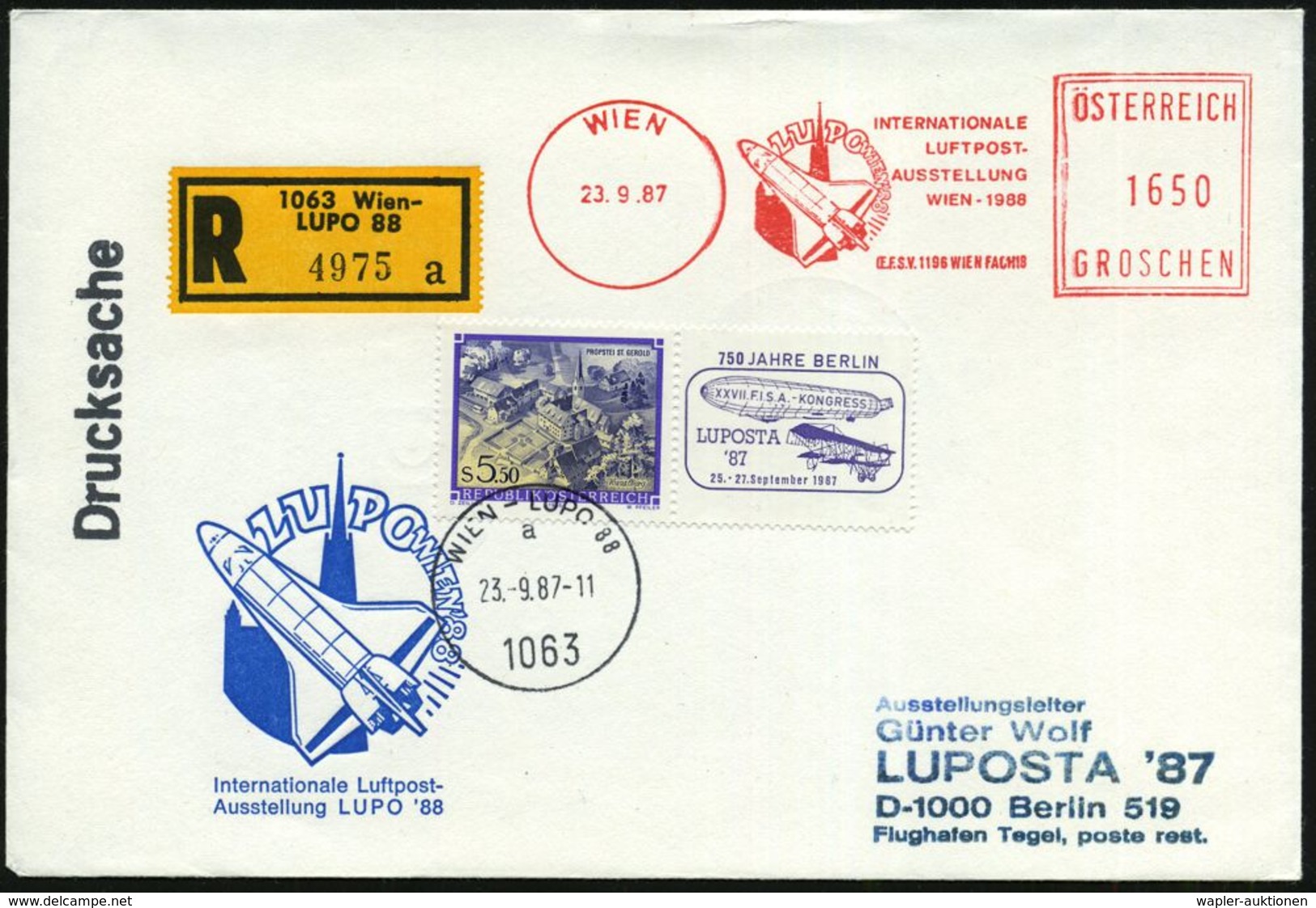 ÖSTERREICH 1969 (23.9.) AFS: WIEN/LUPO../INTERNAT./LUFTPOST-/AUSST./WIEN 1988 = Spce Shuttle (vor Wiener Dom) + 5,50 S.  - Stati Uniti