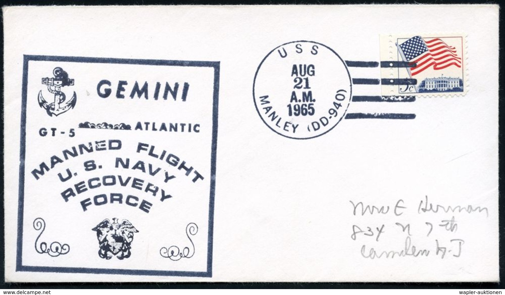 U.S.A. 1965 (21.8.) 1K-Killer BPA: U S S/ MANLEY (DD-940) = Bergungsschiff + HdN: GEMINI/GT-5..RECOVERY FORCE ;Inl.Bf. - - Estados Unidos