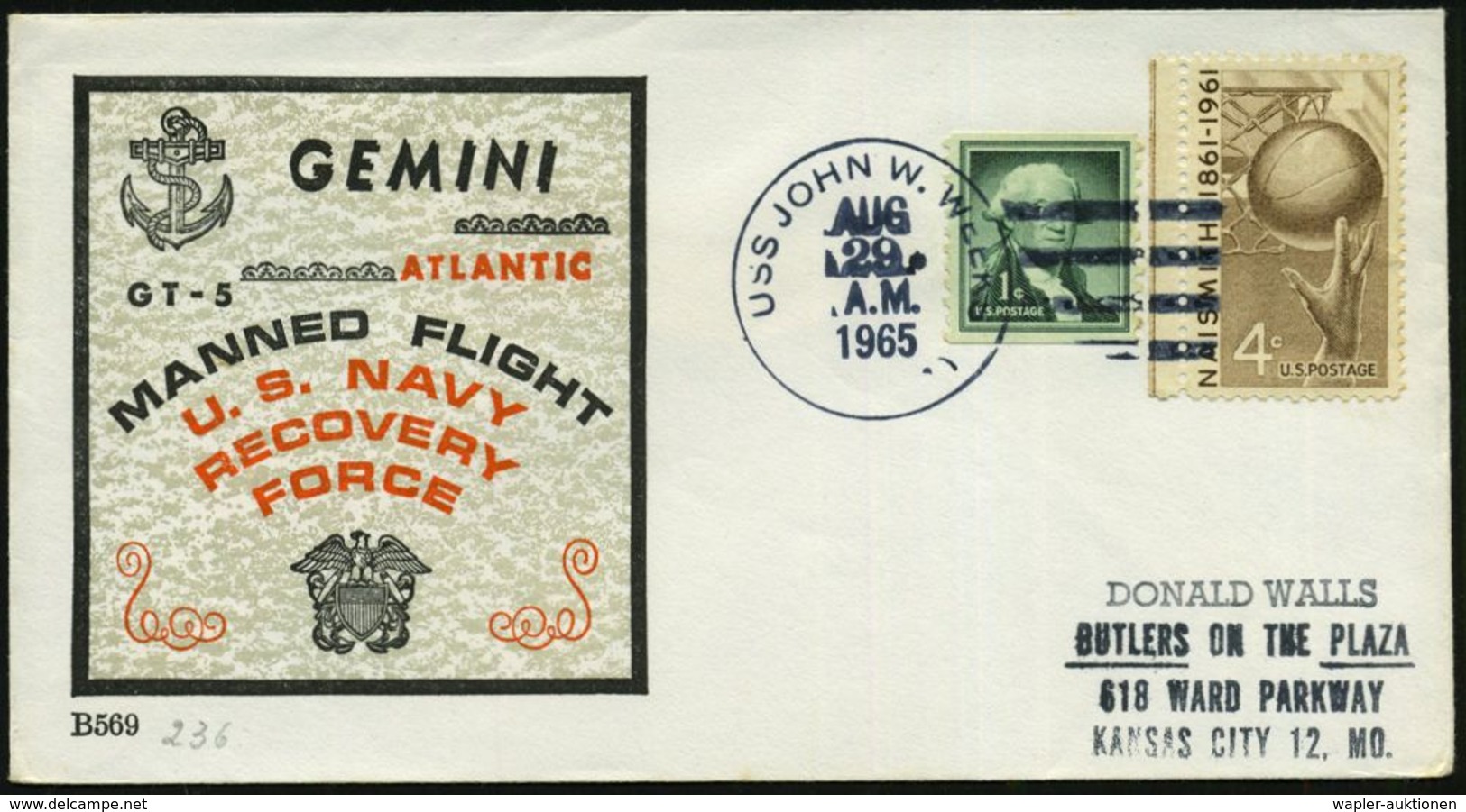 U.S.A. 1965 (29.8.) 1K-BPA (Killer): USS JOHN W. WEEKS = Bergungsschiff US.-Navy , Color-Inl.-SU.: GEMINI GT-5 MANNED FL - Etats-Unis