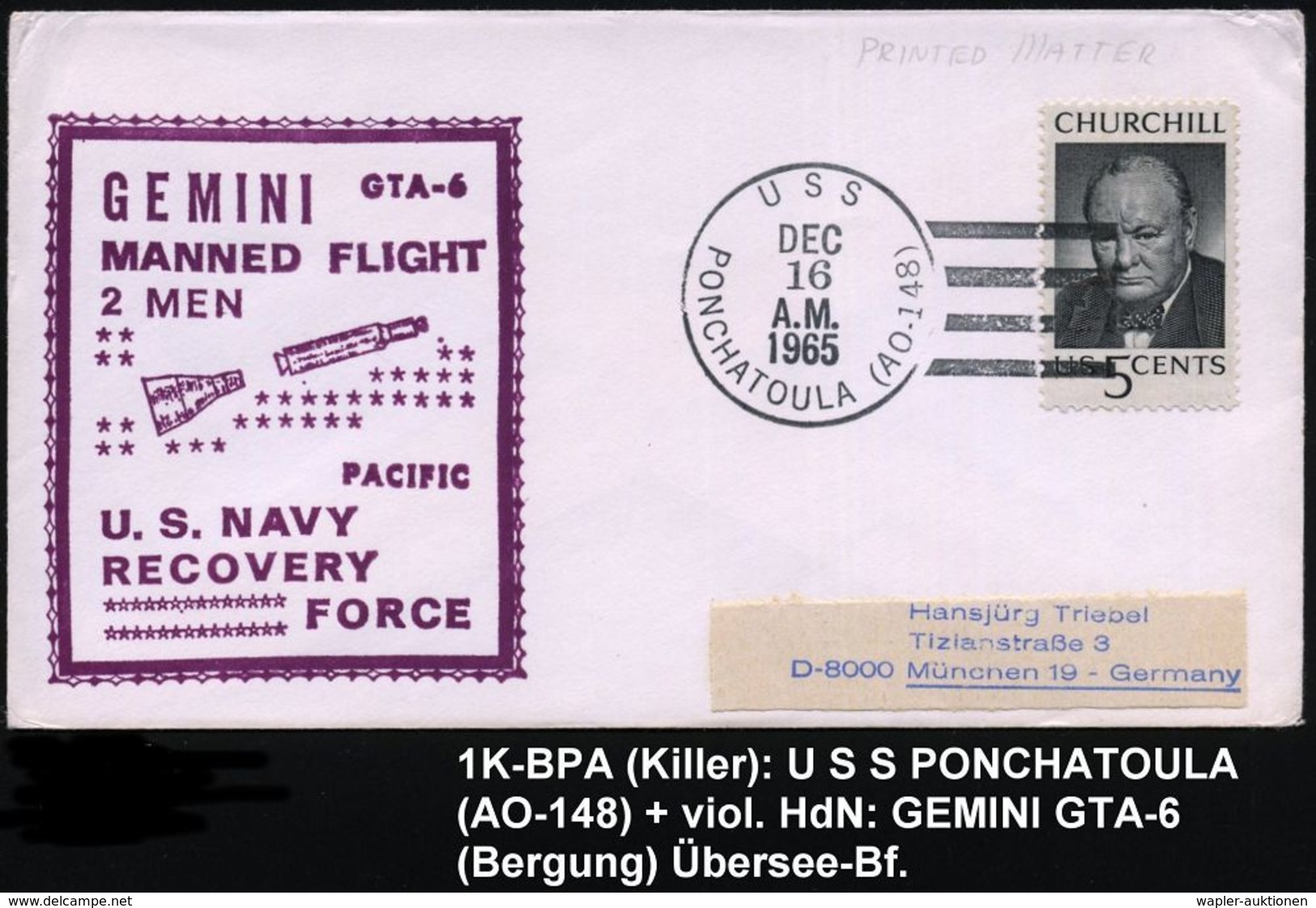 U.S.A. 1965 (16.12.) 1K-BPA.: U S S / PONCHATOULA (AO-148) = Bergungsschiff US-Navy + Viol. HdN: GEMINI GTA-6/MANNED FLI - Etats-Unis