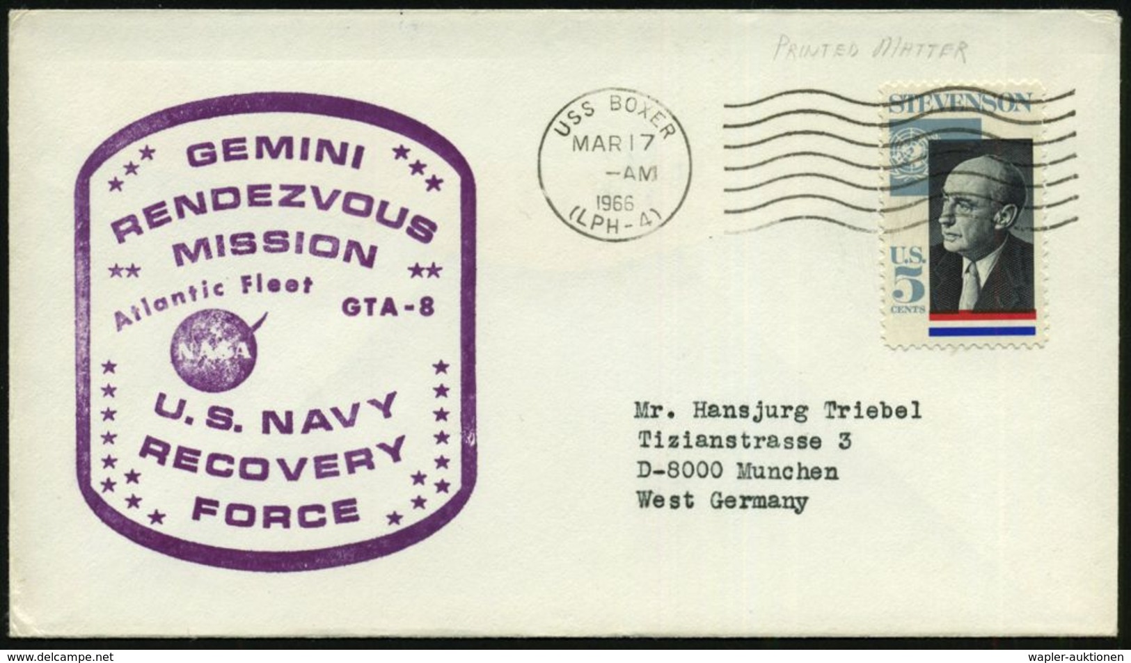 U.S.A. 1965 (17.3.) MaWellenSt. (BPA): USS BOXER/(LPH-4) = Haupt-Bergungsschiff (Helikopter-Träger) Gemini-Projekt + Vio - USA