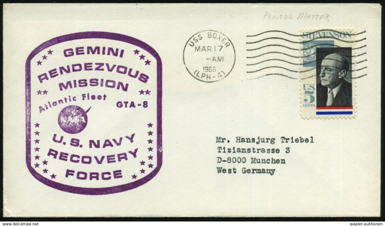 U.S.A. 1965 (17.3.) MaWellenSt. (BPA): USS BOXER/(LPH-4) = Haupt-Bergungsschiff (Helikopter-Träger) Gemini-Projekt + Vio - Stati Uniti