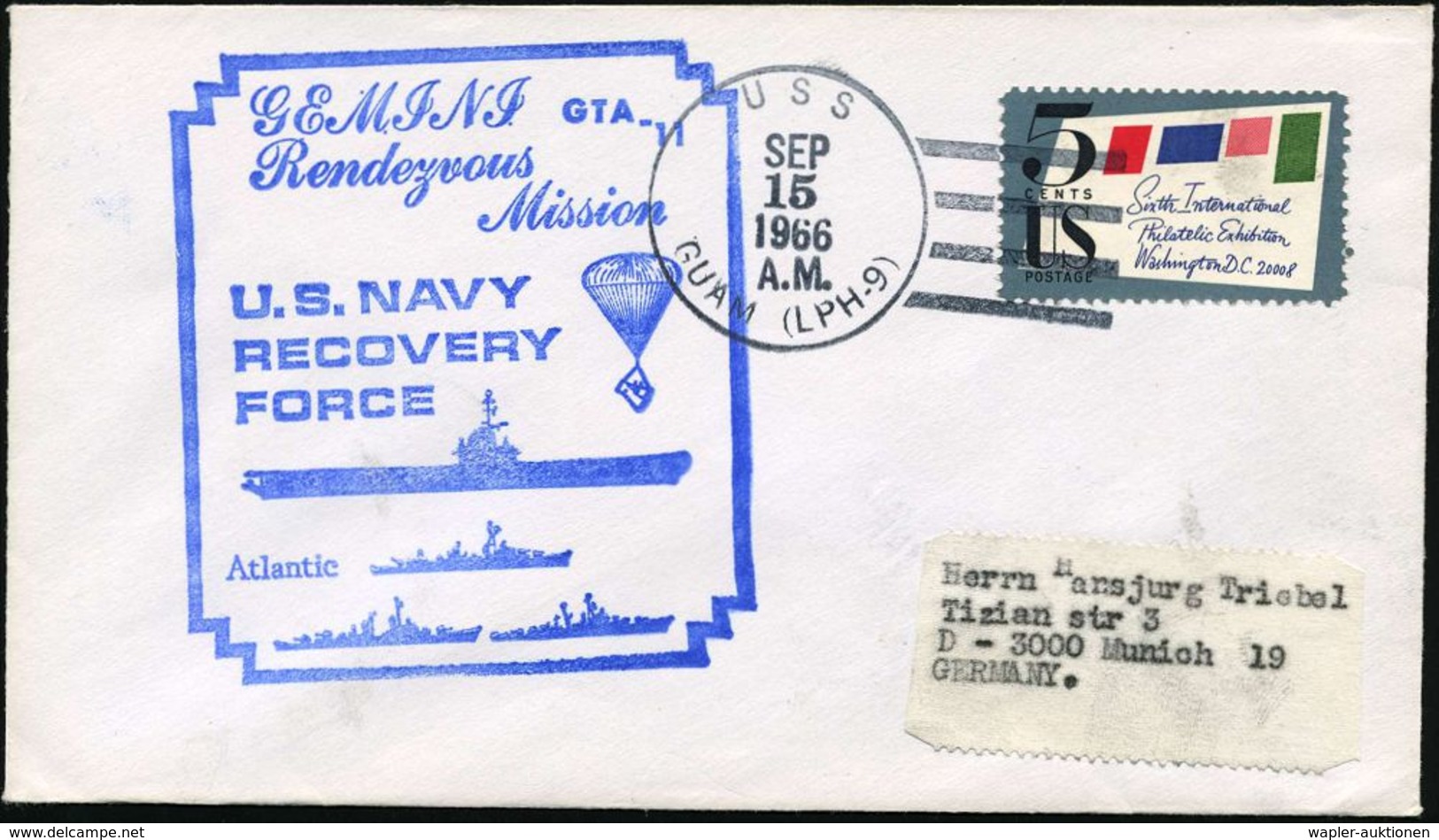 U.S.A. 1966 (15.9.) 1K-BPA.: USS/GUAM (LPH - 9) = Bergungsschiff + Blauer HdN: GEMINI GTA-11.. (Fallschirm, Flugträger-B - United States