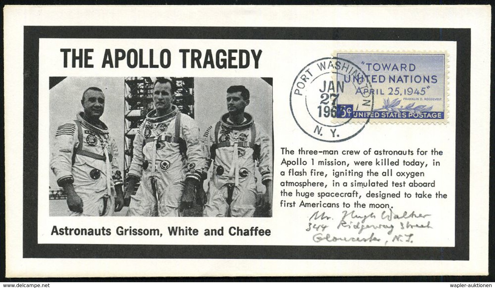 U.S.A. 1967 (27.1.) 2K: PORT WASHINGTON/N.Y. Auf Trauer-SU.: THE APOLLO TRAGEDY = Tod Der Astronauten Grissom, White, Ch - Etats-Unis