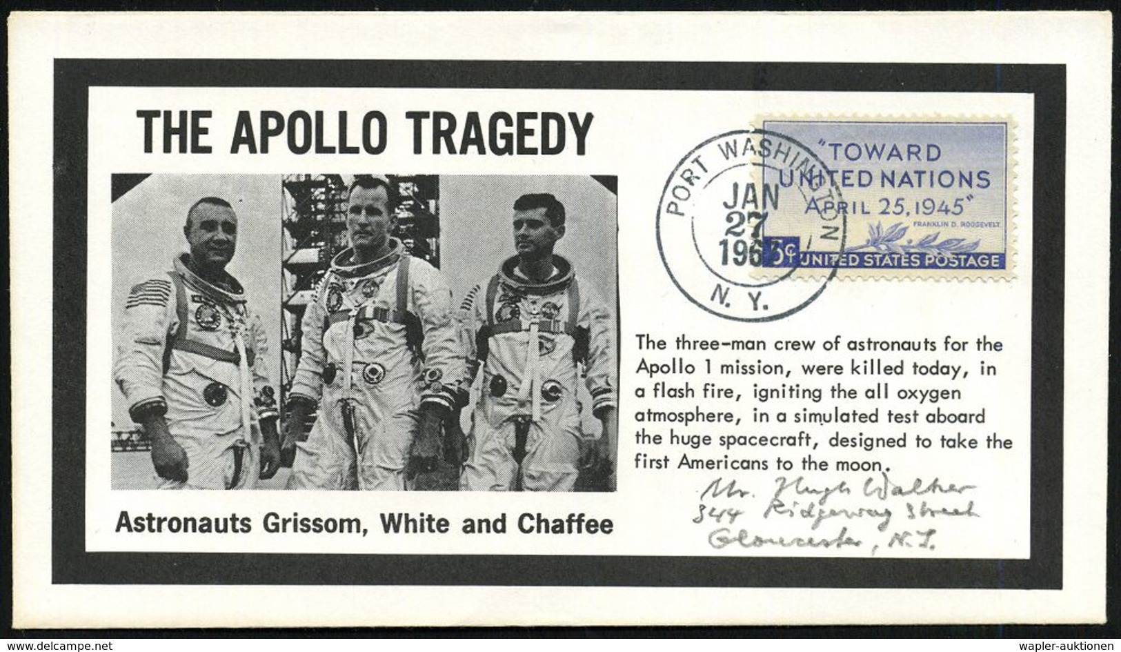 U.S.A. 1967 (27.1.) 2K: PORT WASHINGTON/N.Y. Auf Trauer-SU.: THE APOLLO TRAGEDY = Tod Der Astronauten Grissom, White, Ch - Verenigde Staten