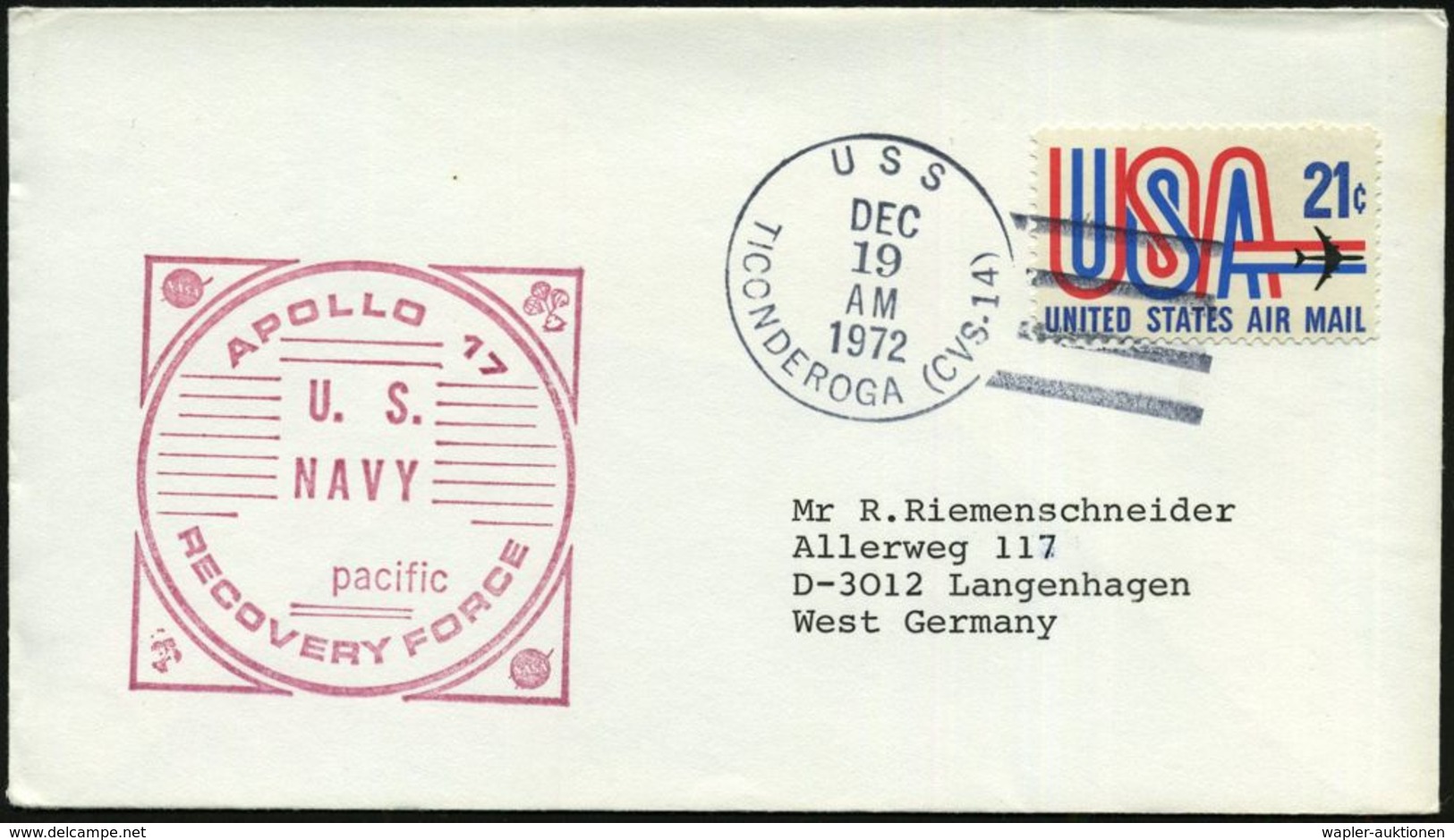 U.S.A. 1972 (19.12.) 1K-BPA (Killer): U S S / TICONDEROGA (CVS-14) = Haupt-Bergungsschiff, U-Jagd-Flugzeugträger + Viol. - Etats-Unis