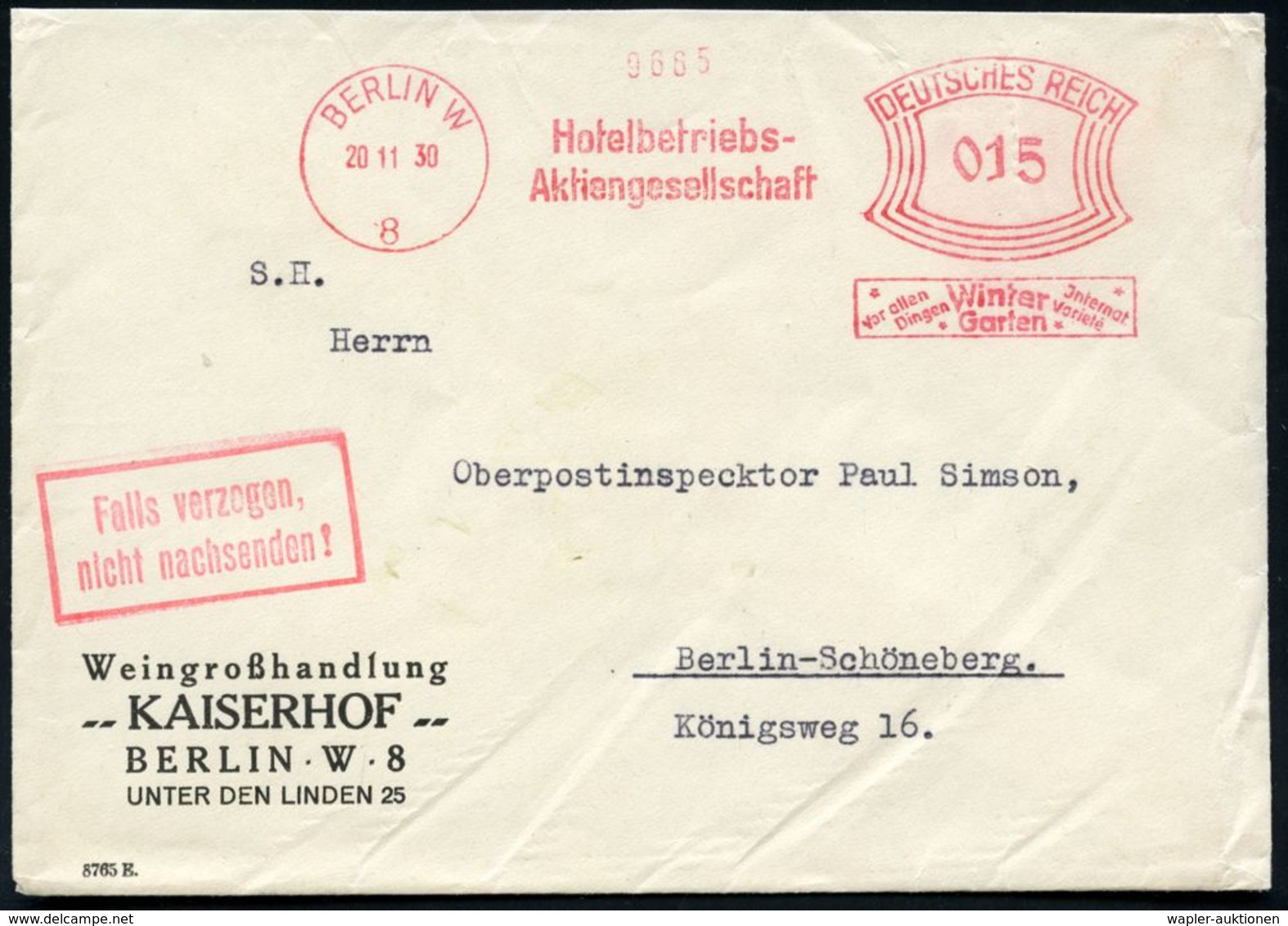 BERLIN W/ 8/ Hotelbetriebs-/ AG/ Vor Allen/ Dingen/ Wintergarten/ Jnternat./ Varité 1930 (20.11.) Seltener AFS Auf Firme - Circo