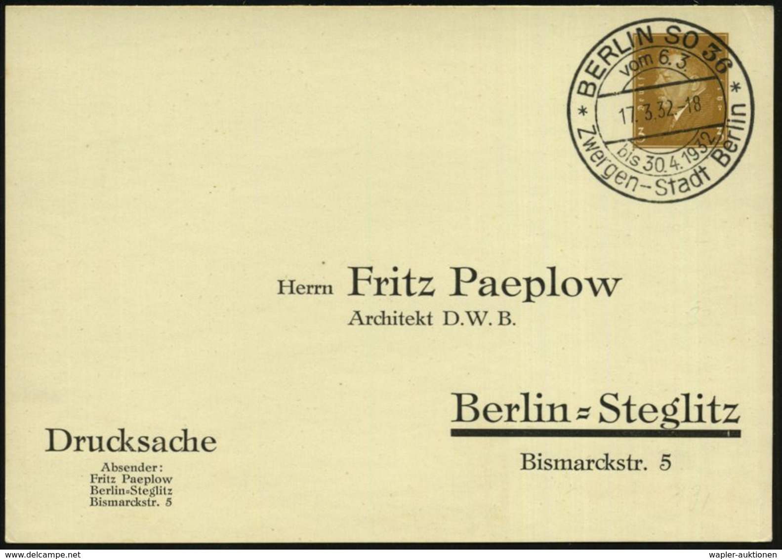 BERLIN SO 36/ *Zwergen-Stadt-Berlin* 1932 (13.3.) Seltener SSt Auf PP 3 Pf. Ebert (F. Paeplow, Mi.PP 106/B 12) Klar Gest - Circus