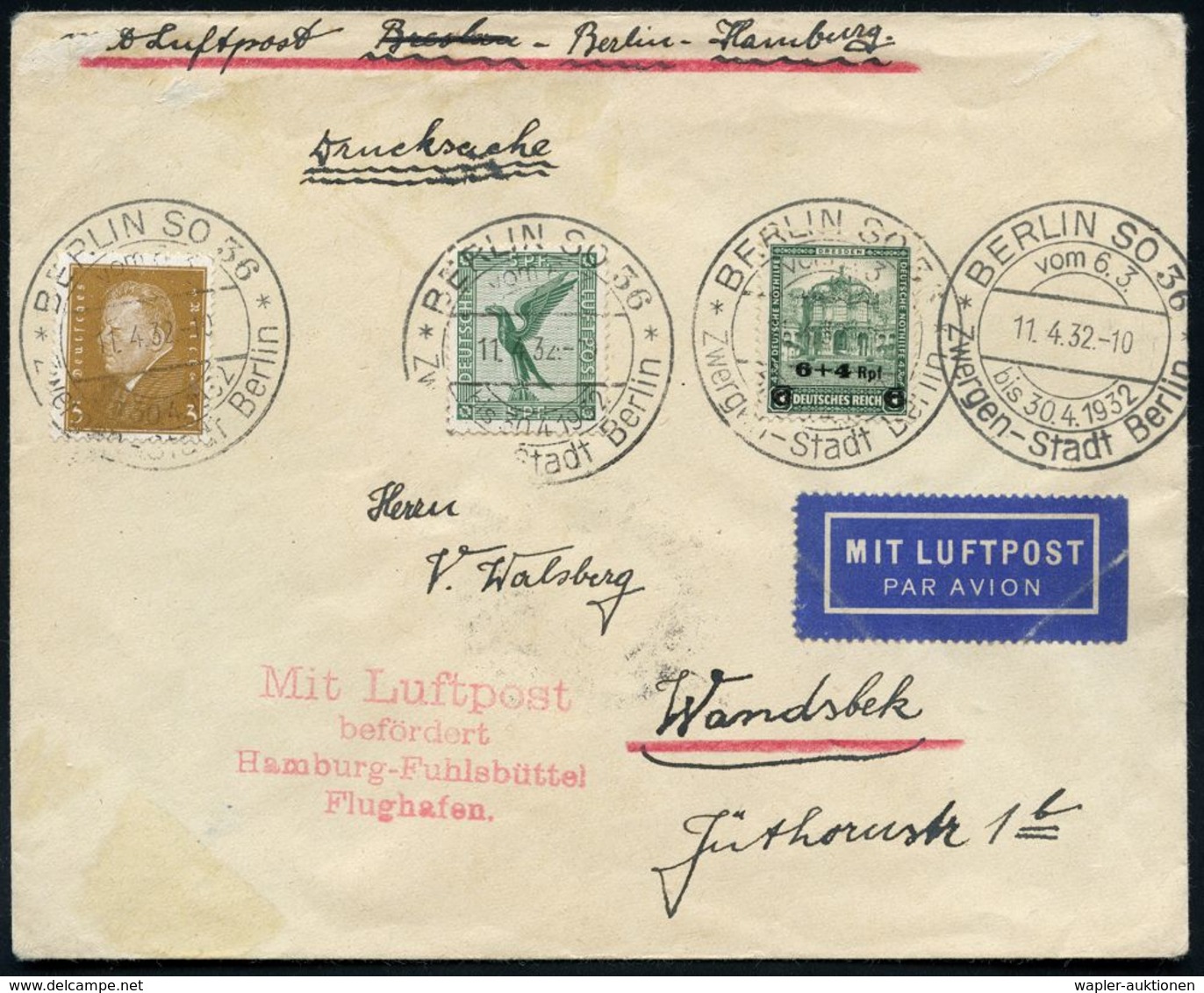 BERLIN SO 36/ Zwergen-Stadt Berlin 1932 (11.4.) Seltener SSt, 4x (1x Links Etw. Undeutl.) + Roter 4L: Mit Luftpost/ Befö - Zirkus