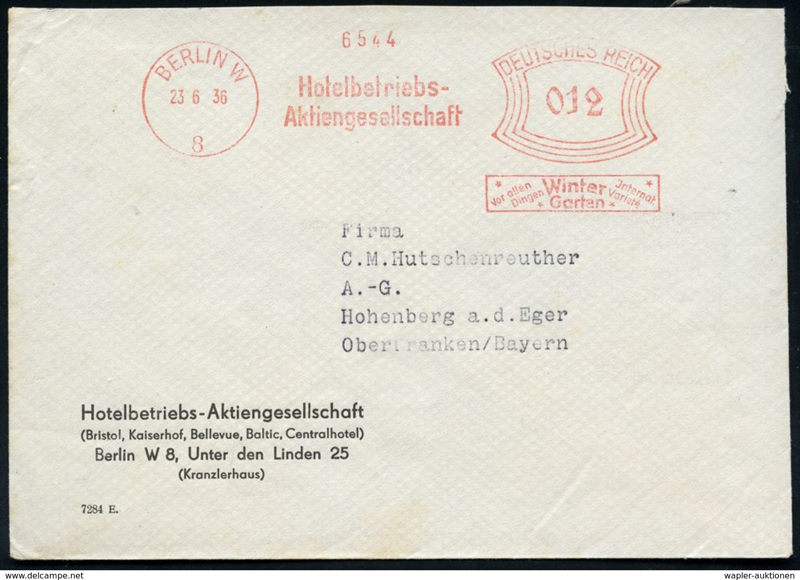 BERLIN W/ 8/ Hotelbetriebs-/ AG/ Vor Allen/ Dingen/ Winter/ Garten/ Jnternat./ Varieté 1936 (23.6.) Seltener AFS Auf Fir - Zirkus