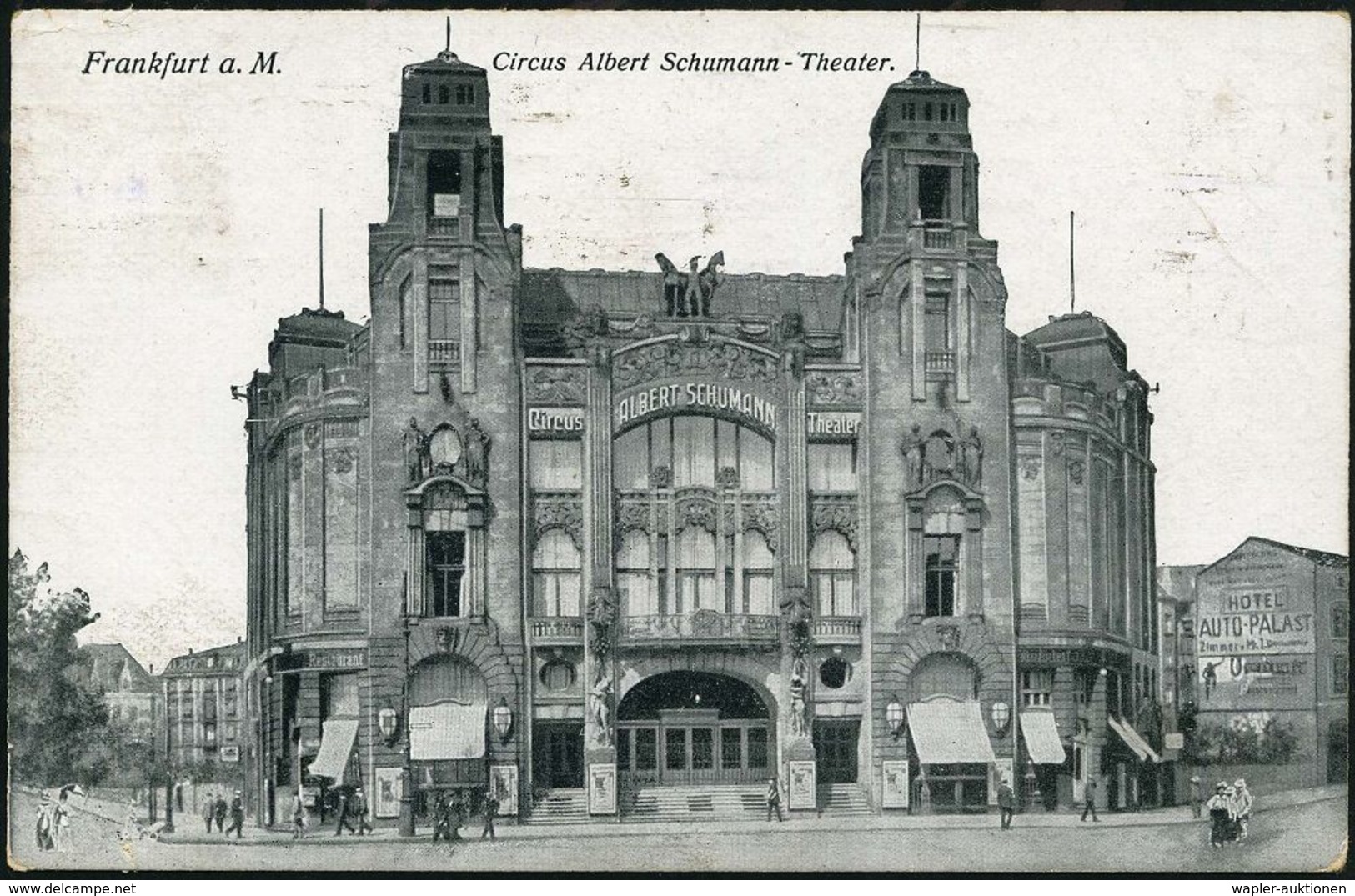 Frankfurt/ Main 1919 (14.3.) S/w.-Foto-Ak.: Circus Albert Schumann-Theater ,EF 10 Pf. Germania, Bedarfs-Kt. (Mi.86 II) - - Cirque