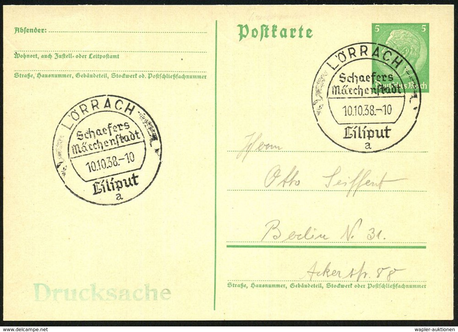 LÖRRACH/ Schaefers/ Märchenstadt/ Liliput/ A 1938 (10.10.) Seltener SSt = "Wanderstempel" 2x Klar Auf Inl.Kt. (Bo.2) - Z - Circo