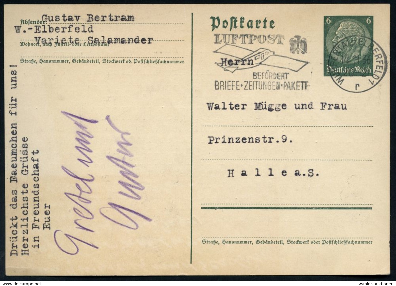 Wuppertal-Elberfeld 1936 Kabarettist U. Schauspieler Gustav Bertram, 2 Ganzaschen 6 Pf. Hindenburg Mit Signatur "Gretel  - Circus