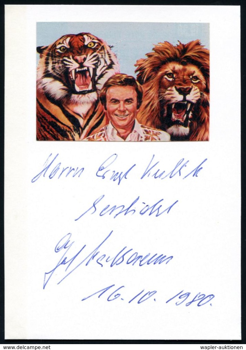 B.R.D. 1980 (16.10.) Color-Portrait-Kt.: Gerd Simoneit-Barum Mit Tiger U. Löwe, Orig. Widmung U. Signatur "Gerd Simoneit - Circo