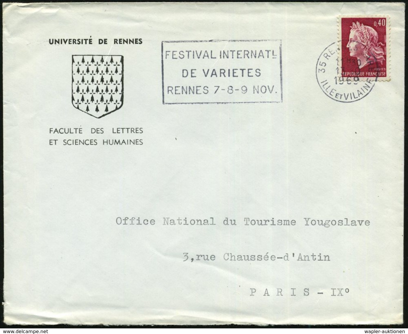 FRANKREICH 1969 (13.10.) MWSt.: 35 RENNES GARE/FESTIVAL INT./DE VARIETES.. Klar Auf Inl.-SU: Université De Rennes - ZIRK - Circus